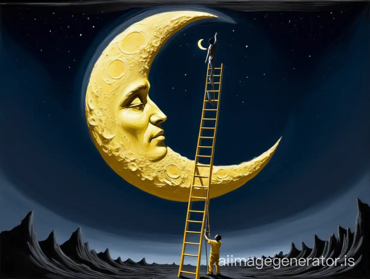 Under a clear night sky, there is a crescent moon roughly the size of an average human being. A long ladder extends from the ground, leading up to the moon. Atop the ladder, a person stands with a brush, filling in the moon's crescent with yellow paint. The scene should resemble a genuine photograph taken by someone, with all elements appearing realistic and not like a painting. The environment is dark, with the person and the moon being illuminated, capturing a candid moment --ar 9:16 --s 250