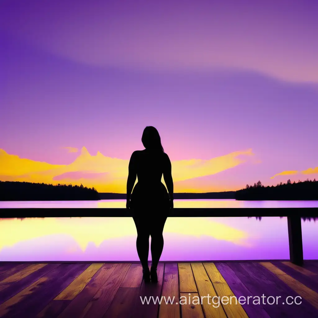 The silhouette of a curvy woman standing on a wooden deck looking out at a purple and yellow lake. 