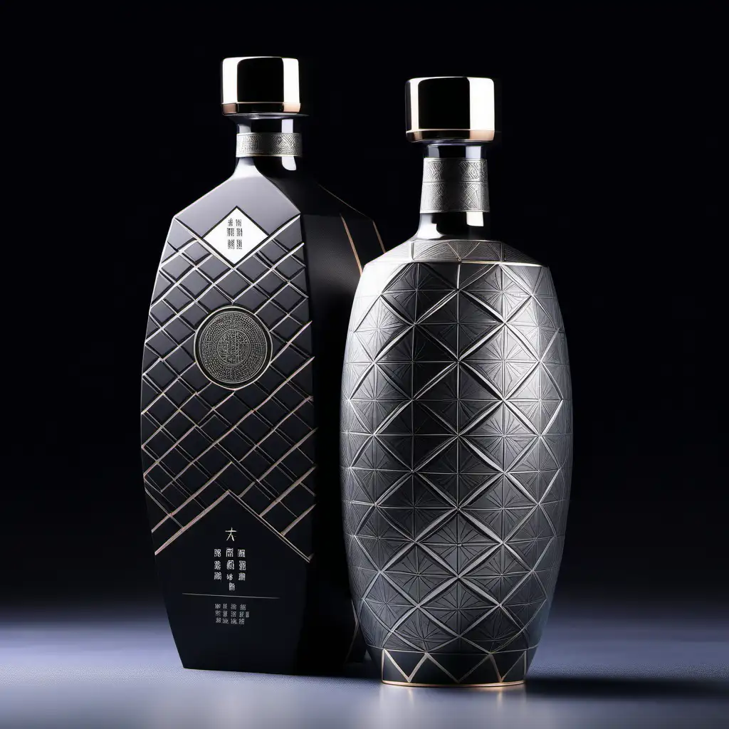 Elegant Chinese Liquor Packaging Design 500ml Ceramic Bottle in Silver and Black Geometry Texture