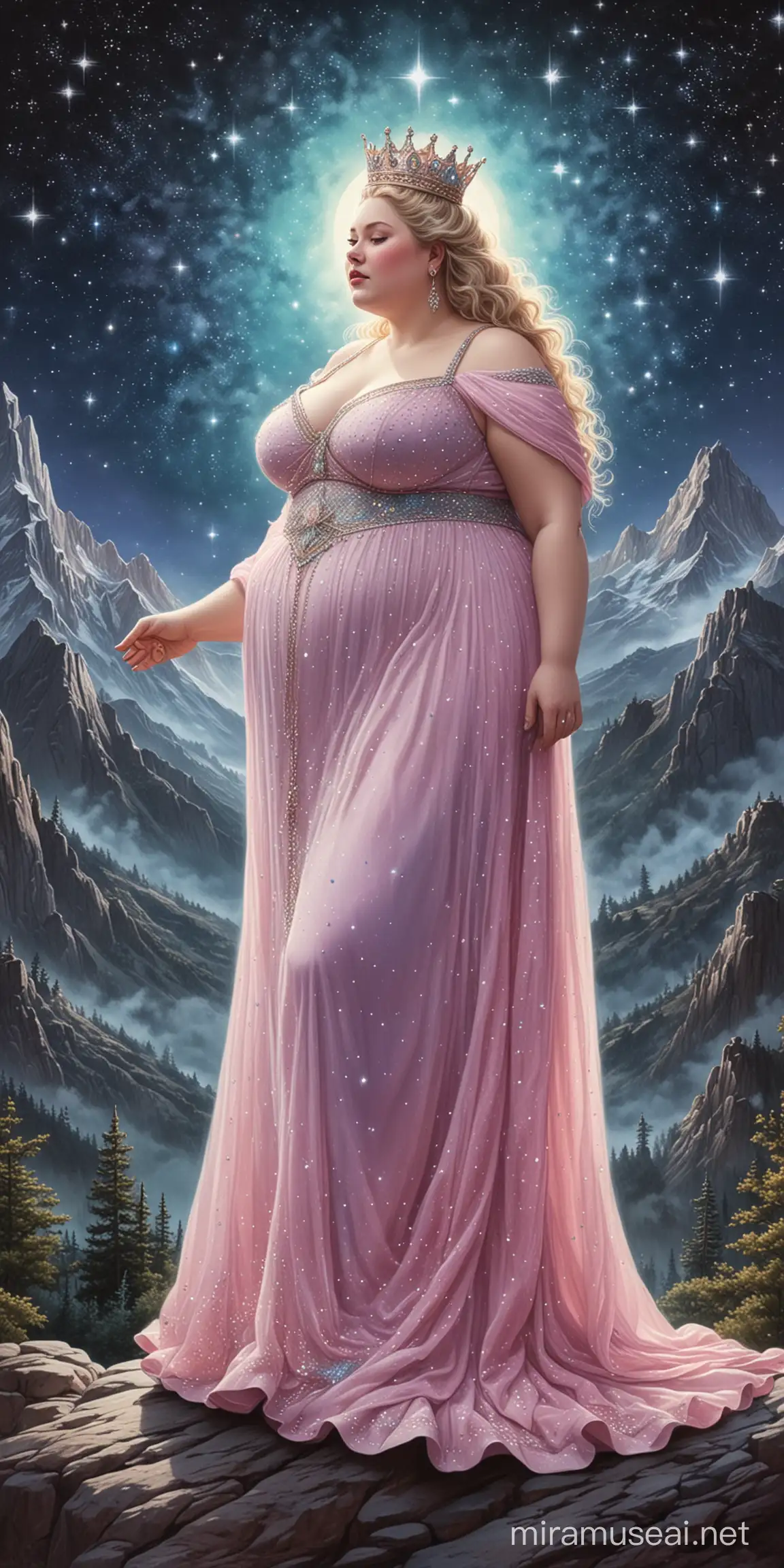 Obese Queen Surrounded by Rich Pastel Drawings and Decorative Cards Artistic Depiction with Mountainous Background and Shining Night Sky