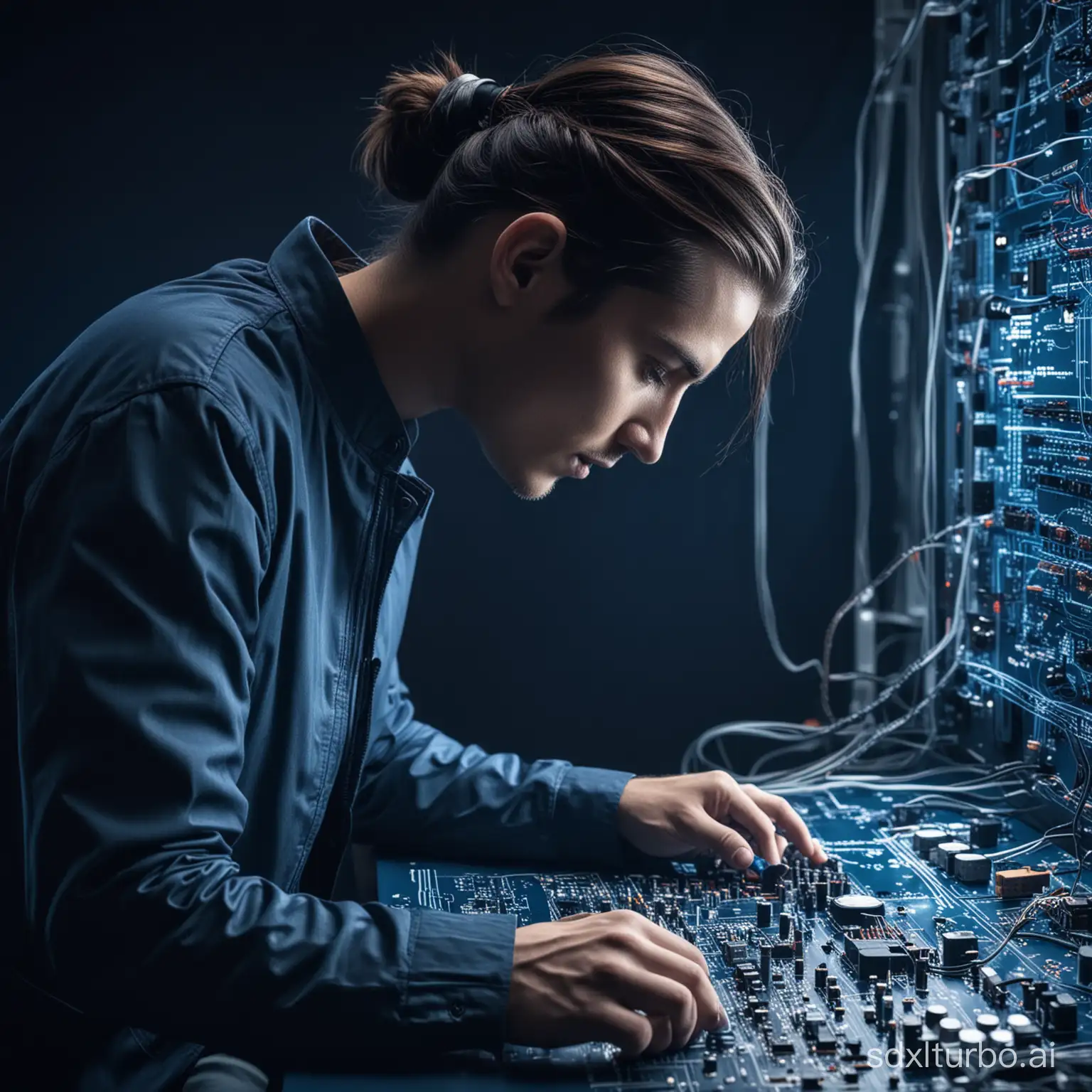 Generate an image with futuristic dark blue color background showing a scene of a Designer working on electrical circuits 