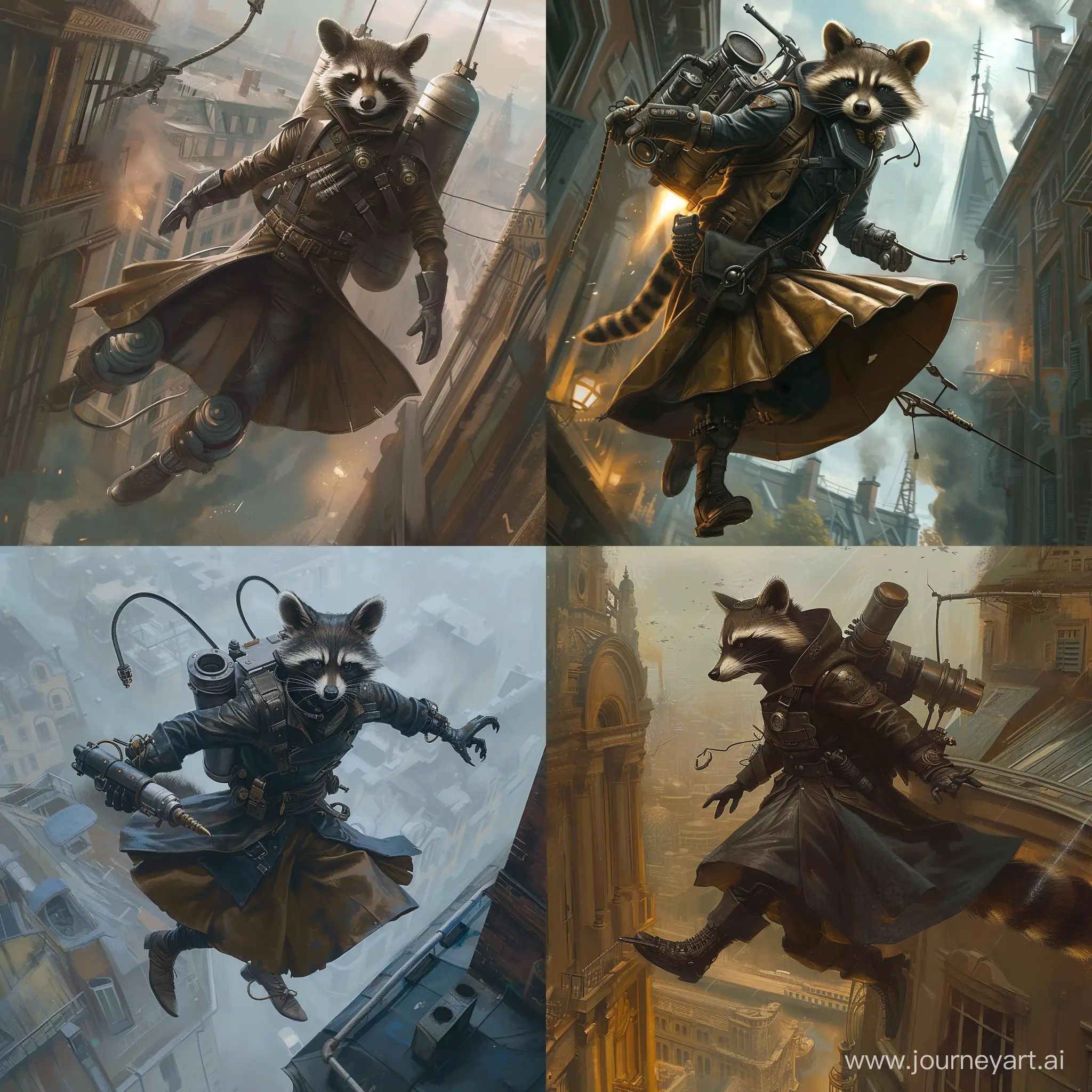 Raccoon steampunk engineer in a long-skirted leather raincoat in a mask from the game Dishonored, flying on a Space Maneuvering Device, and 2 gas cylinder fixed on his back, from the Attack of the Titans, with a hooked tromso, at the roof level of steampunk city, steampunk art