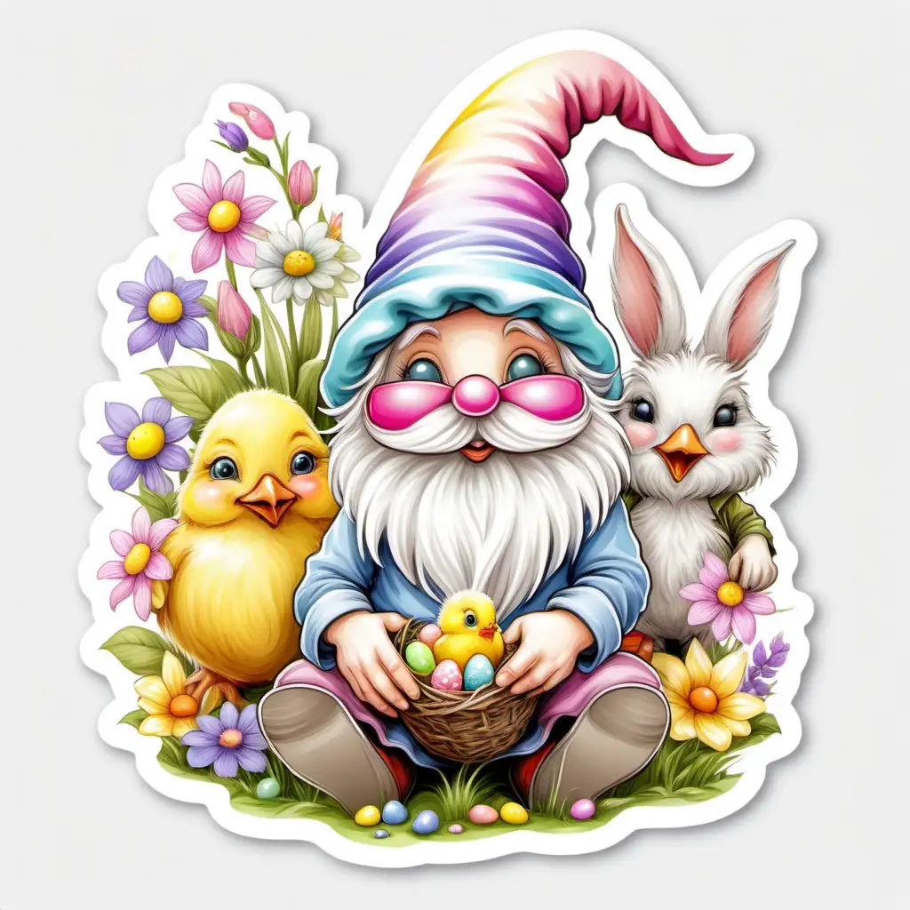 fairytale,whimsical,cartoon,easter GNOME,WITH CHICK AND BUNNY,WITH OVERGROWN COLORFUL HAT, COVERING THE EYES,
pastel, spring flowers, white background, sticker,
