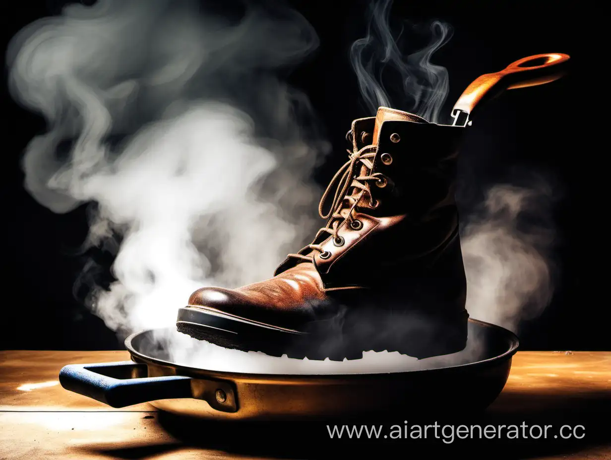 Steaming-Hot-Leather-Boot-on-Frying-Pan-Unconventional-Cooking-Concept