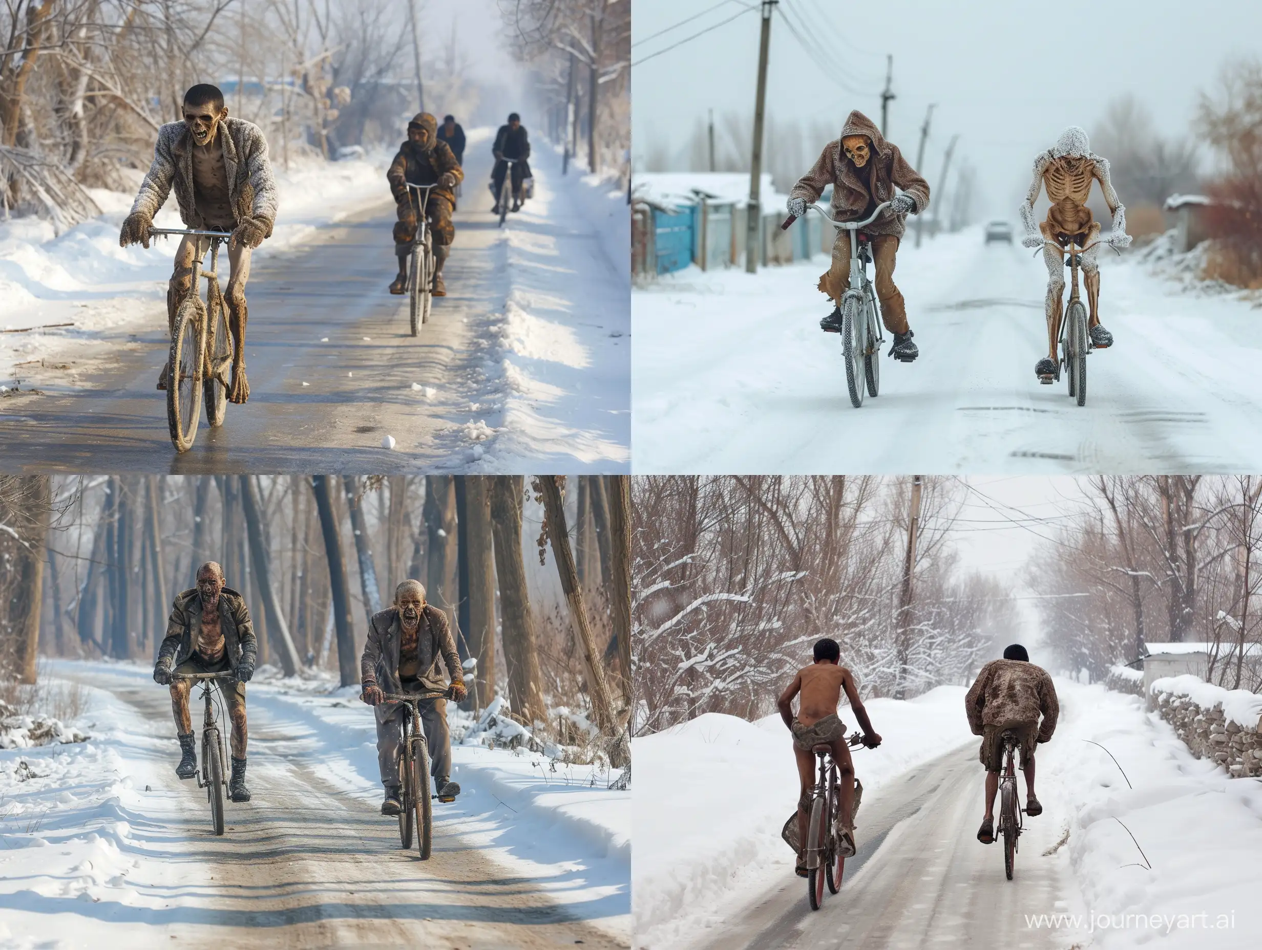 thin, emaciated people, riding bicycle in winter --v 6 --ar 4:3 --no 51043