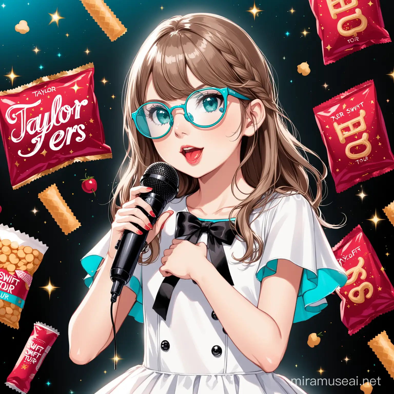 11 year old girl, long brown hair, wearing Taylor swift eras tour reputation costume, turquoise glasses, holding the Taylor swift eras tour reputation microphone, red and black snack background,