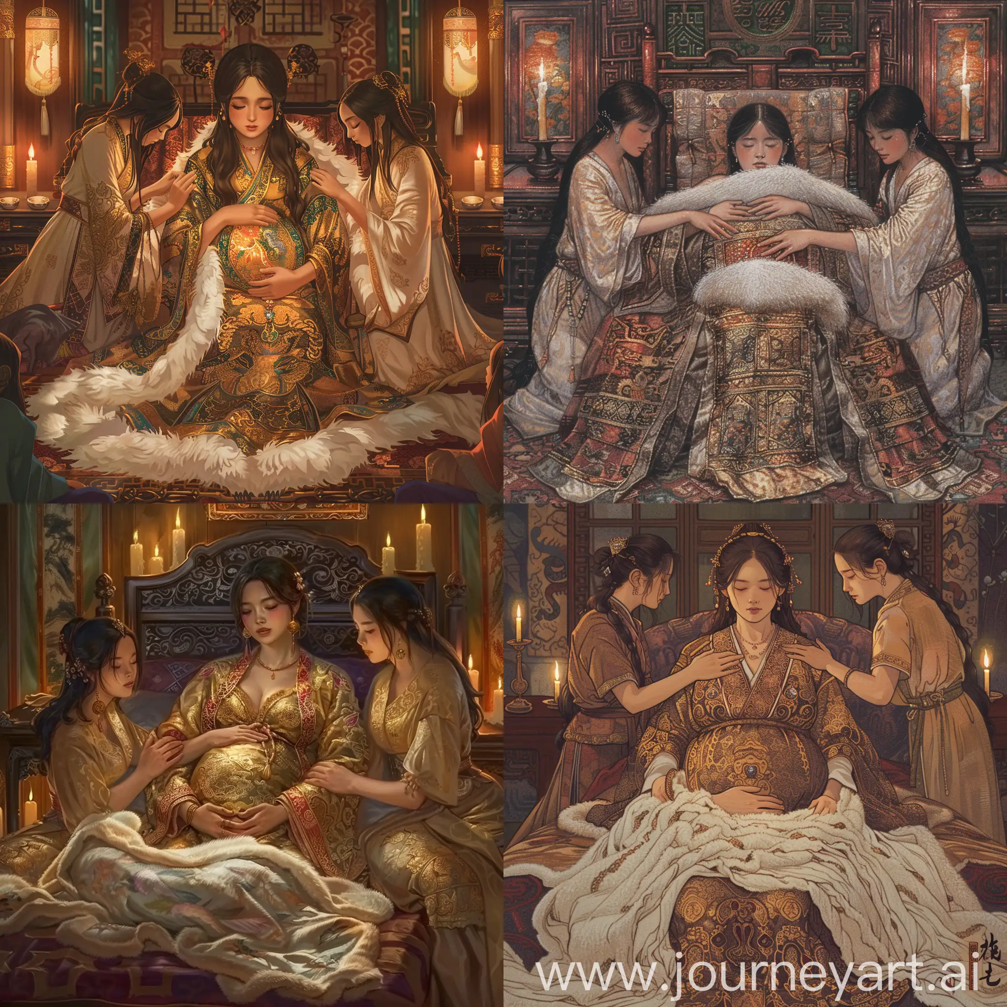 Pregnant-Chinese-Empress-Resting-Surrounded-by-Maidservants-in-Luxurious-Setting