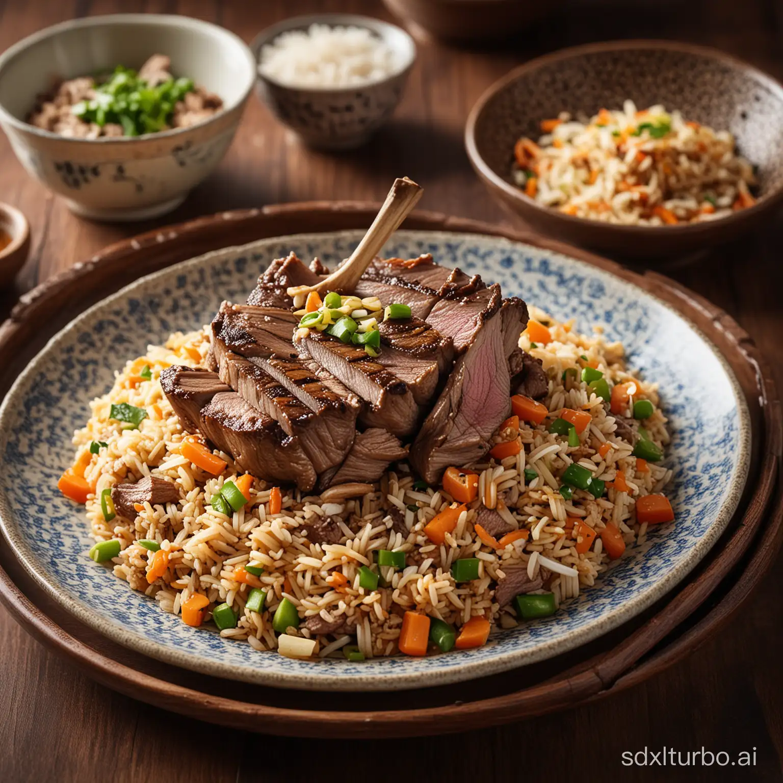 A photograph of a delicious and mouthwatering grilled lamb rice dish, Michelin,showcasing juicy and flavorful lamb with fragrant stir-fried rice layered on top. Placed on a beautifully crafted plate in a Chinese restaurant, enhanced by soft indoor lighting, creating a cozy dining ambiance. Balanced composition with vibrant colors.