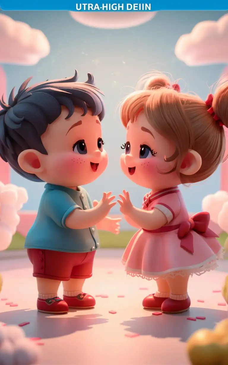 Little cute and sweet boy and girl couple friends, soft features, cute outfit, talking, animated 3d, story illustration, bright, ultra hd, 64K, bright, perfect prominent features, Dalle 3, 8:16 ratio