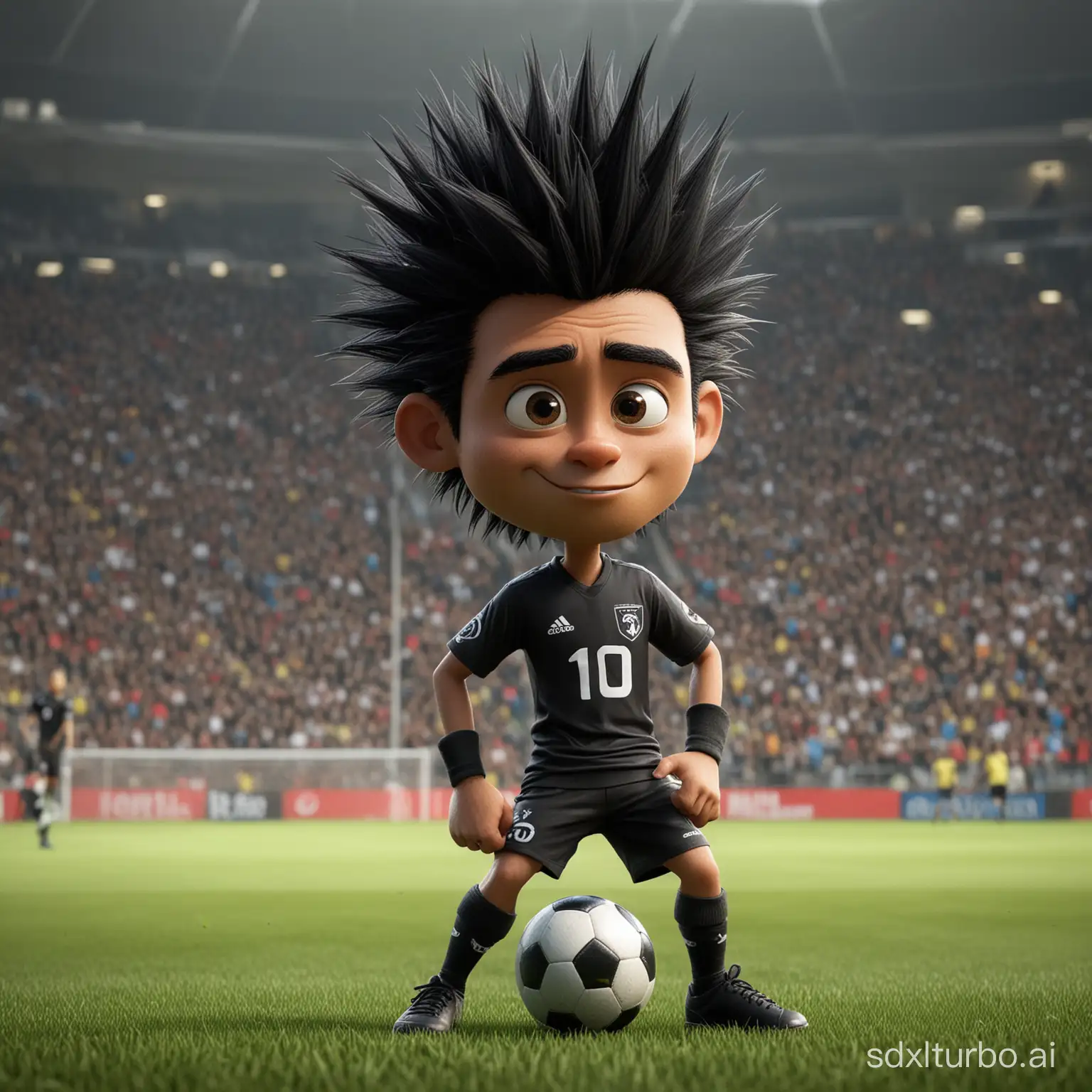 An Indonesia soccer player, playing soccer, black spike , dressed in black, age 40, photo look like Pixar cartoon stylehair