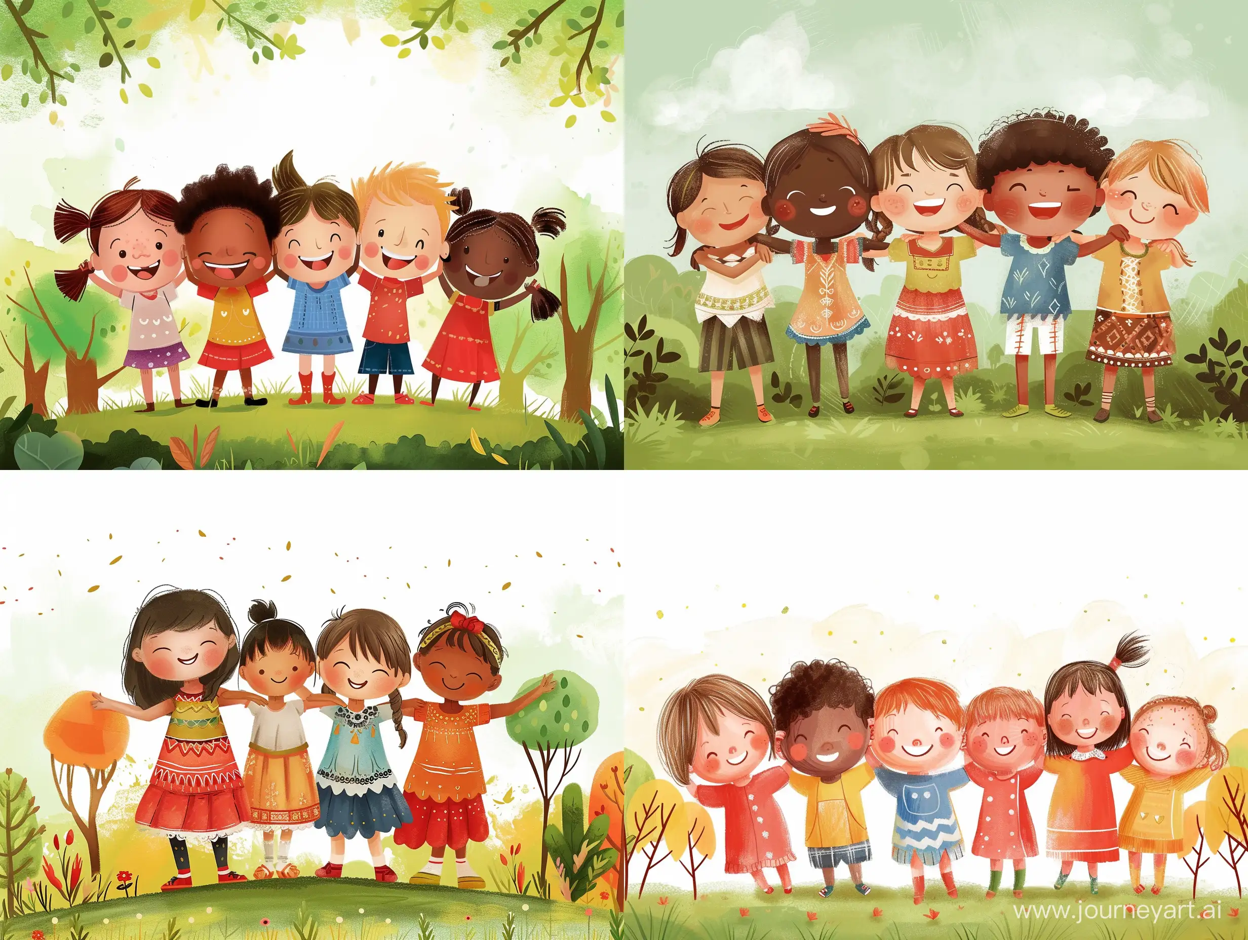 
kids from different nations with different color skins, smiling and their hands on each others shoulders, illustration style, style of pascal champions illustrations, not much details, not childish style, background should be some beautiful simple trees and grass on the bottom, 