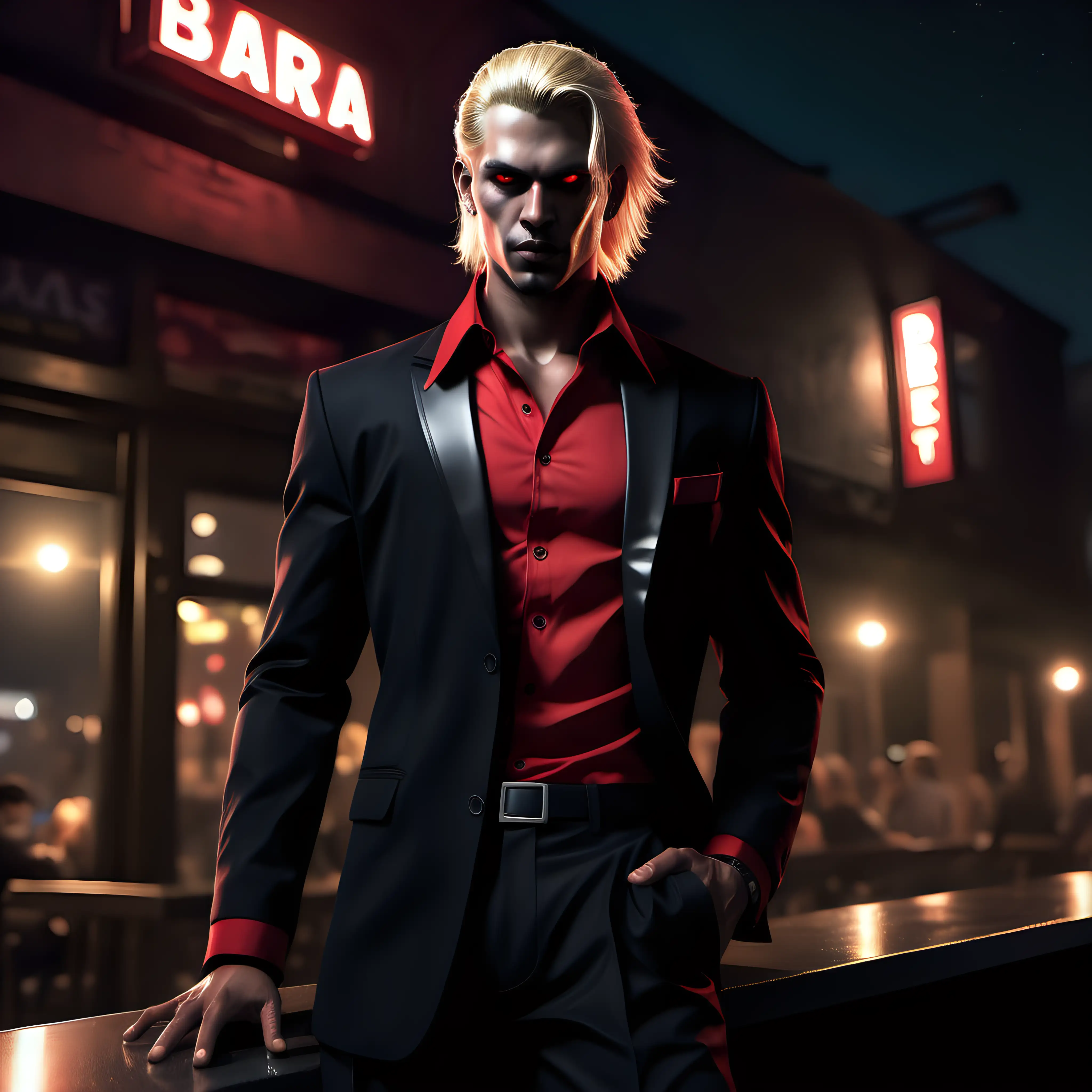 A male Brujah, wearing a red collar shirt, black suit pants, gangster, blonde hair, red eyes, standing outside at a bar at night, realistic
