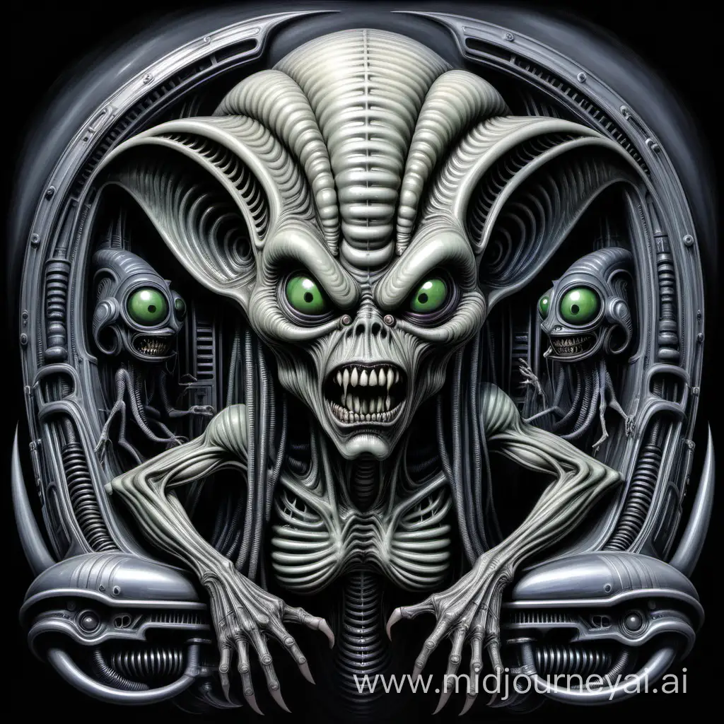 the giger alien done in the style of big daddy roth and rat fink