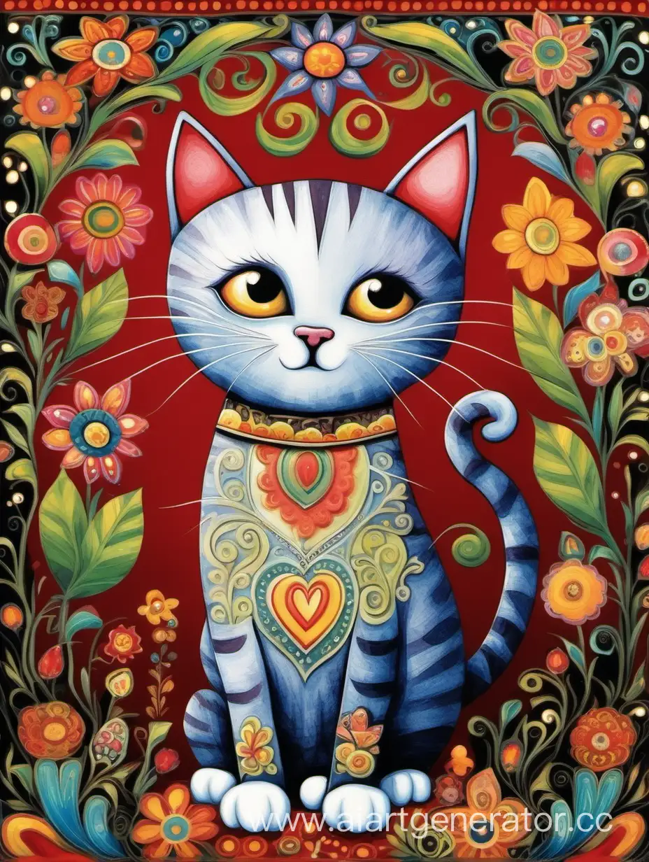 a whimsical big tall thin kitten, in the folk art background