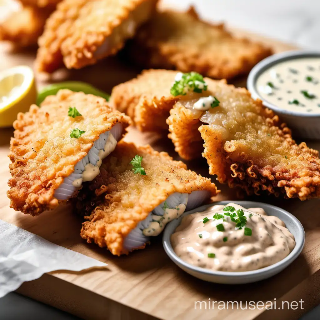 side view of Crispy textured Crumbed golden fried fish fillets  on a premium  wood counter with tartare sauce in a close up view with one broken open in white colour background