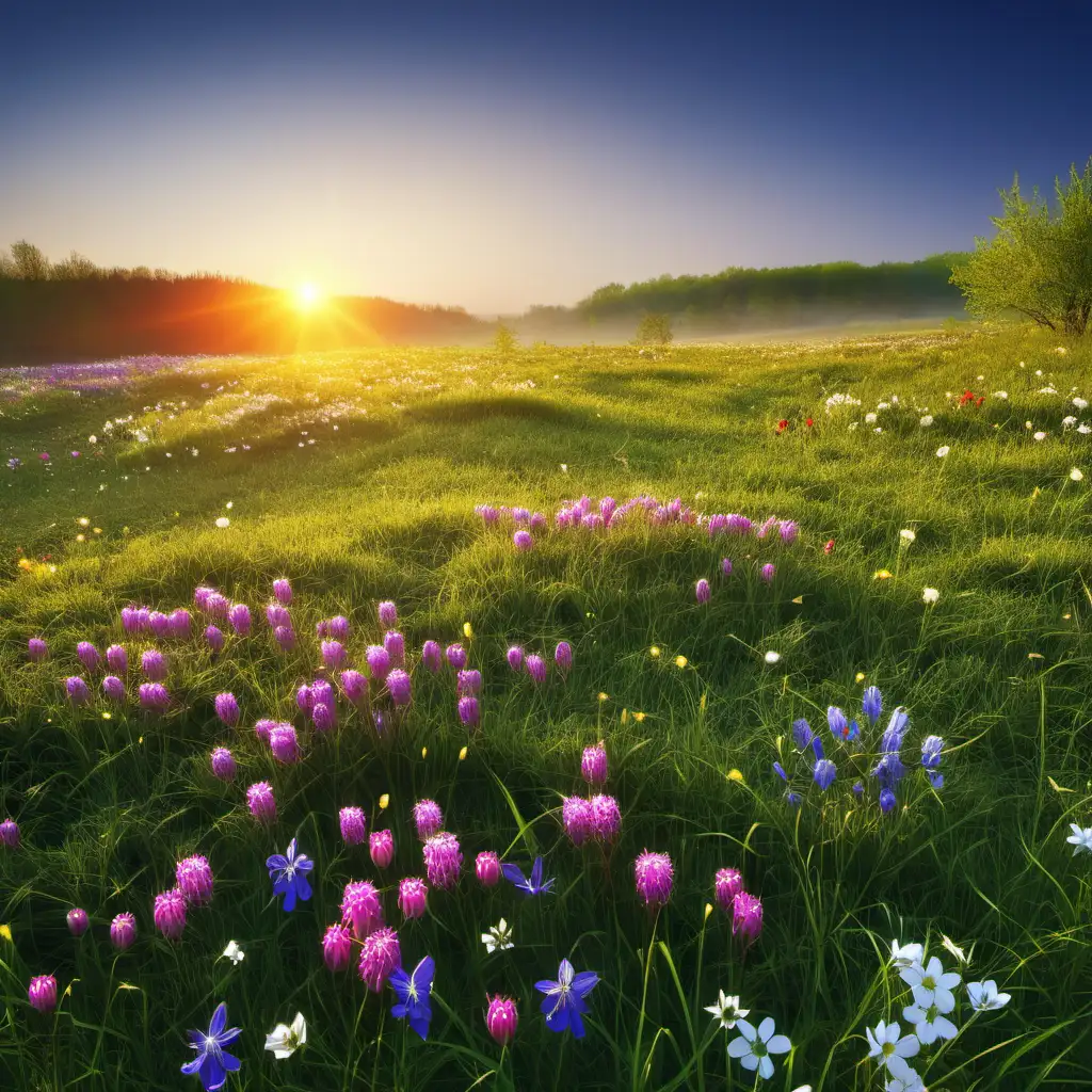 Sunrise Over Spring Meadow with Blooming Flowers