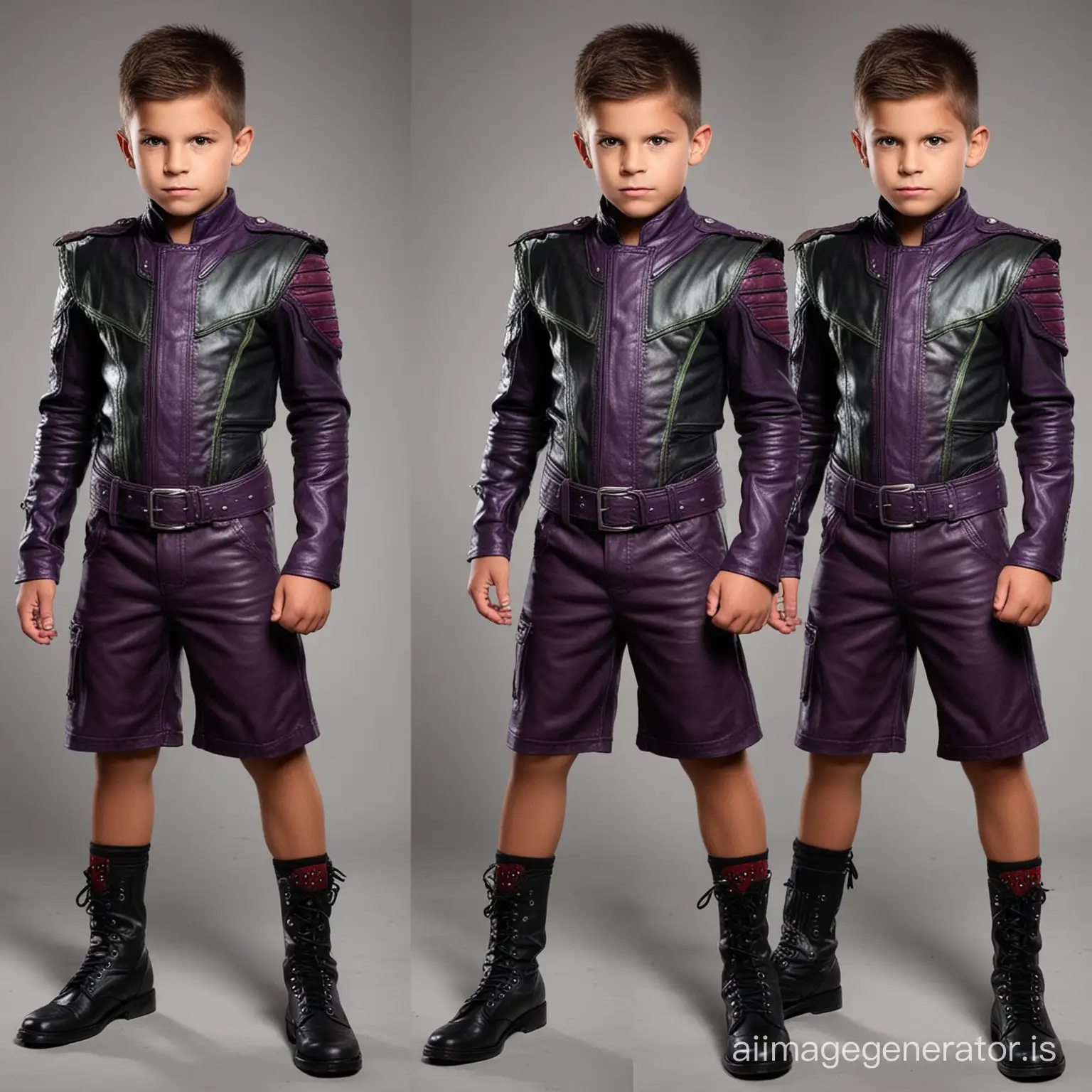 Create a villain outfit for a strong 8 year old boy villain with abs, cool, wicked, leather, shorts, comfortable yet intimidating, various shades of purple and red with hints of green