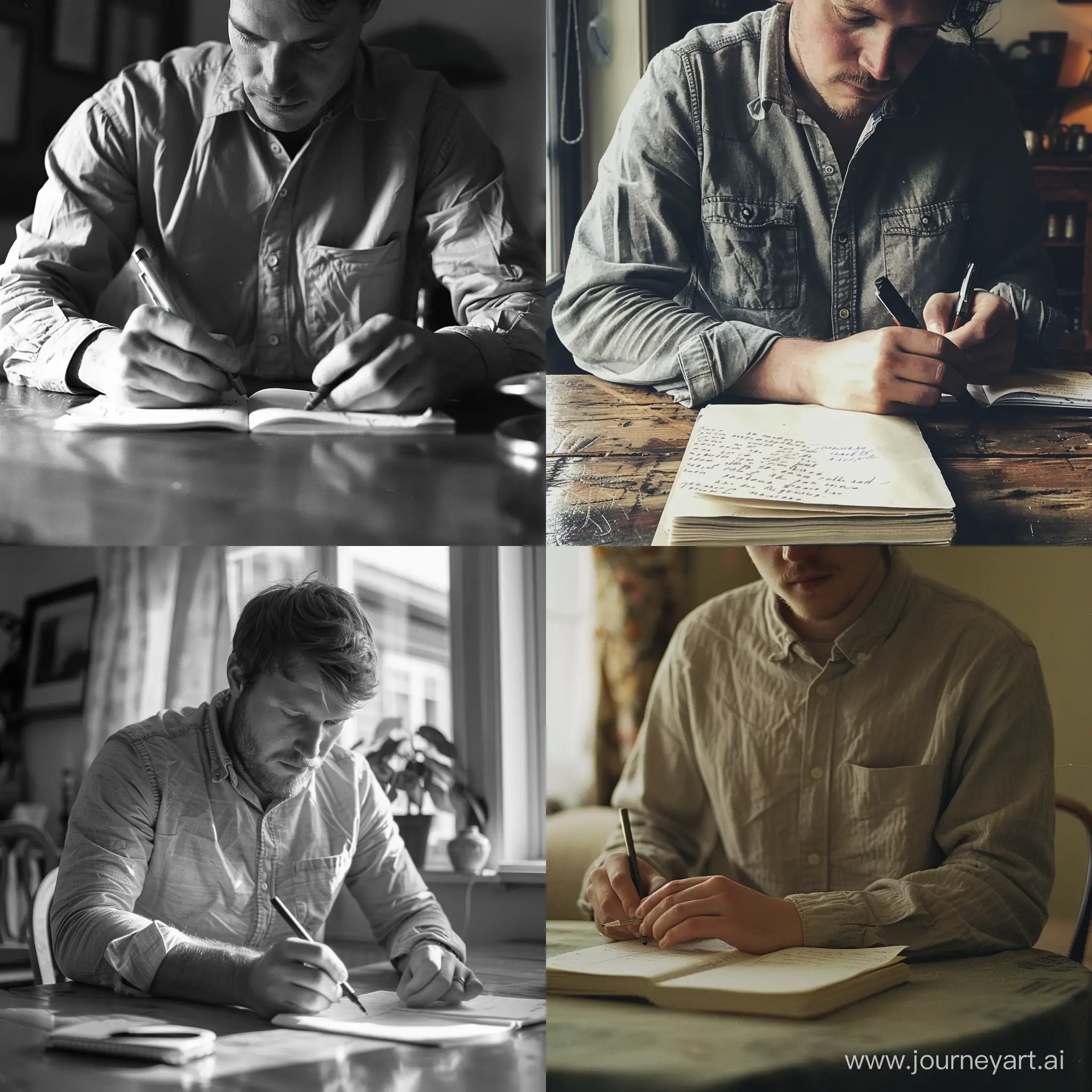 A Norwegian writer wearing a shirt, sitting at the table and making some notes