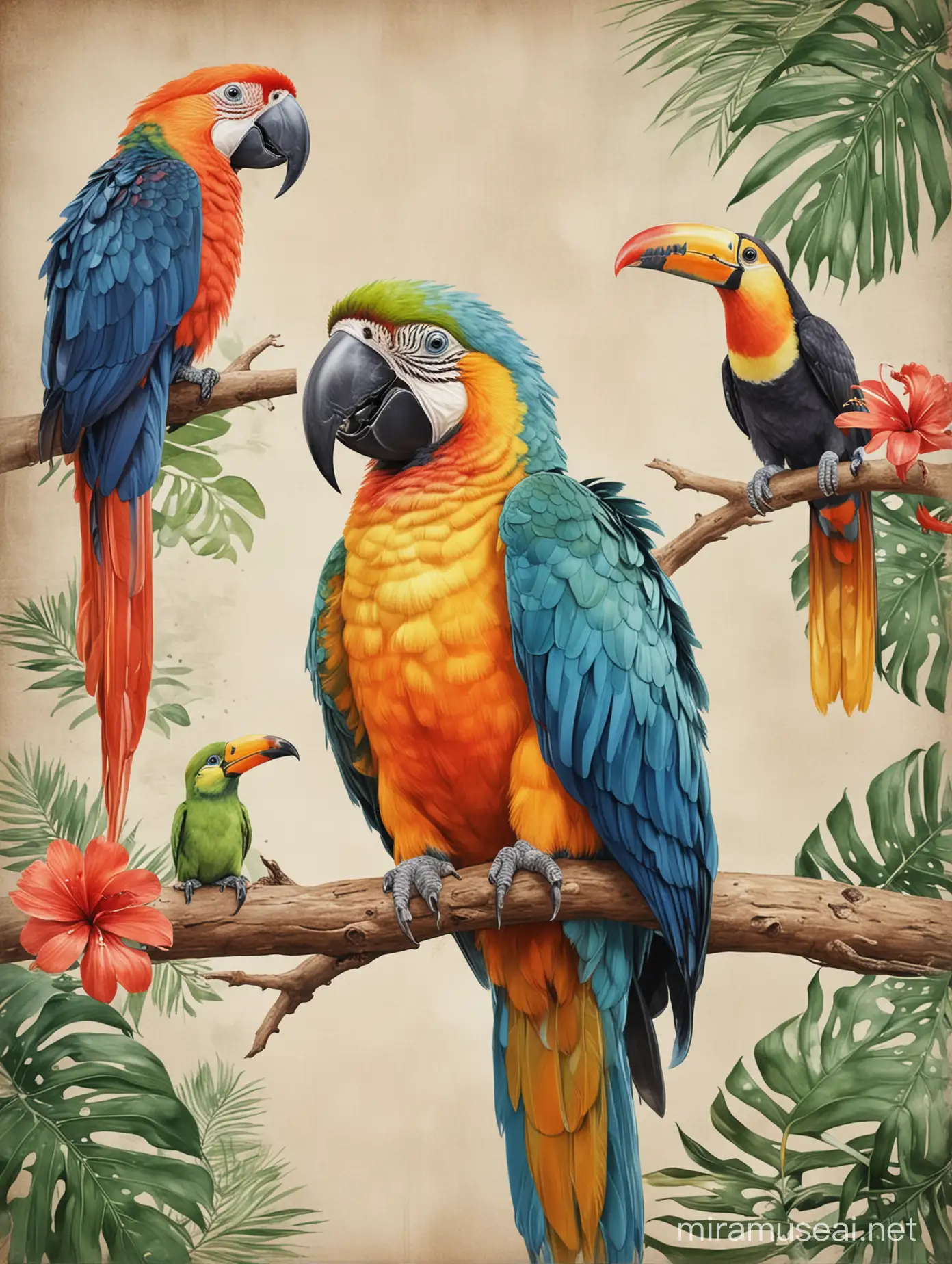 Vibrant Tropical Birds Macaw Toucan and Lovebird Illustration