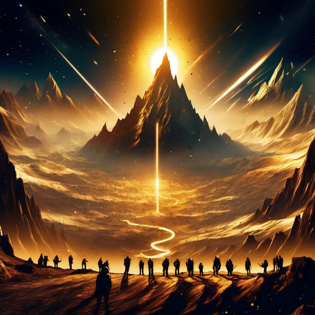 a large mounrain with a deep valley with protestors with golden light effects, outer space
