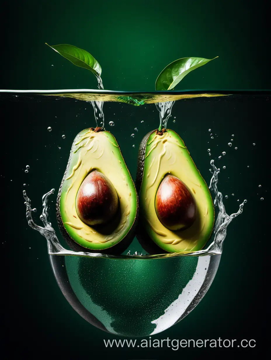 Two-Big-Avocado-Halves-Submerged-in-Water-Against-Dark-Sea-Green-Background