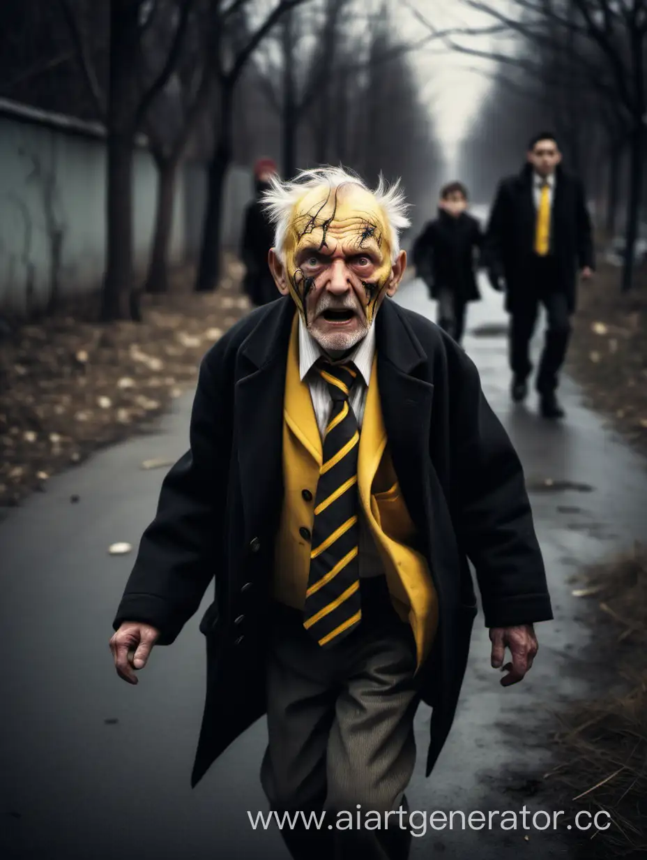 Старик с шрамами на лице. Одет в черной жёлтый плащ и галстук. От него убегают дети в страхе.