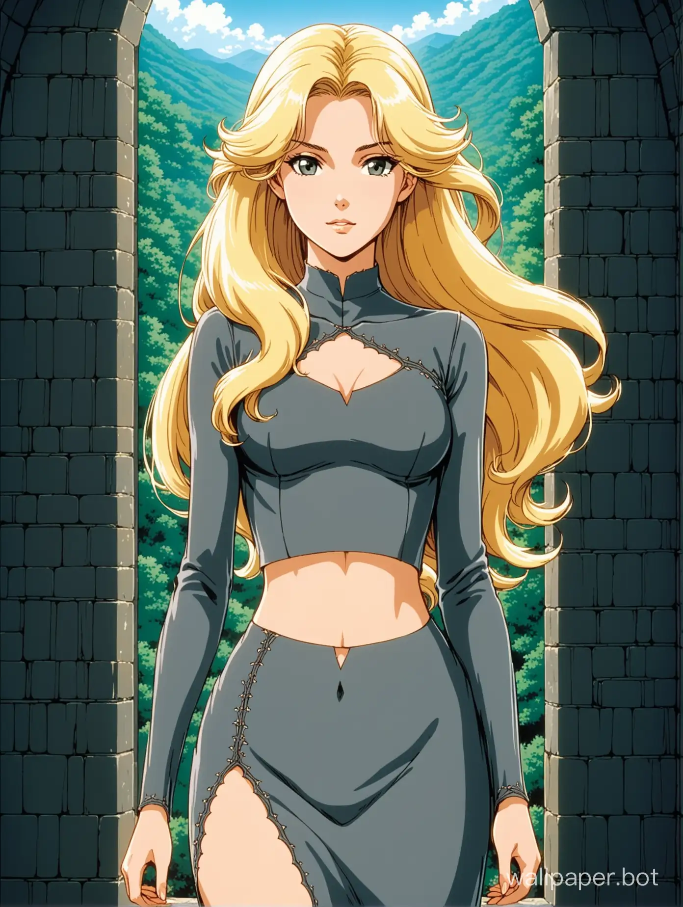 a young and attractive white woman,  she has long wavy white-blonde hair, standing regally, elegant and slender, thin sharp face, wearing a sheer thin dark grey skintight dress, midriff cutout, midriff, decorative stitching, medieval elegance, 1980s retro anime