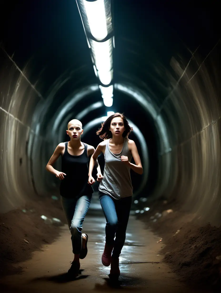 a woman with dark hair and a beautiful teenage girl with a shaved head run together through a huge underground dimly lit tunnel trying to escape danger