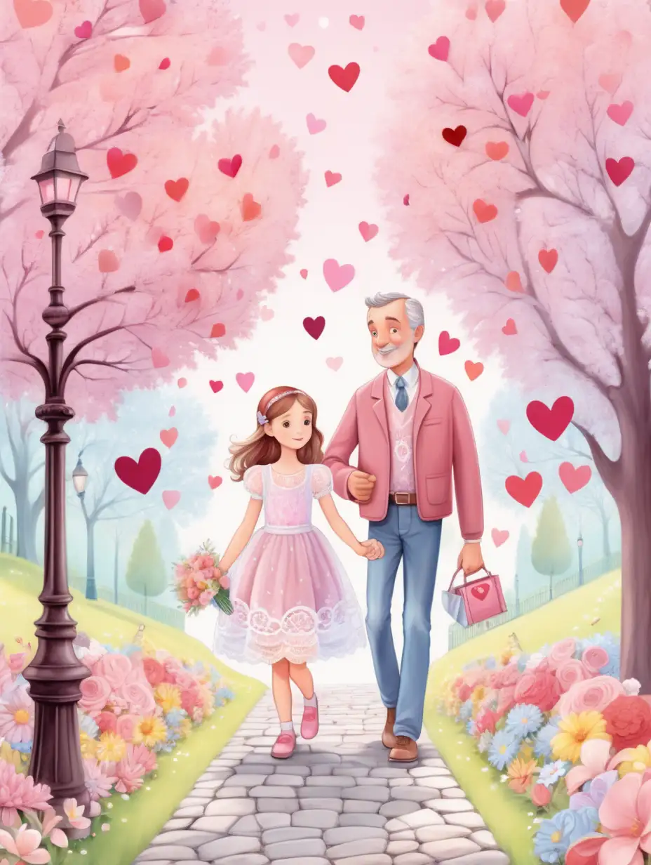 Cute, fairytale, whimsical, pastel, cartoon, girl dressed with beautiful lace dresses with Dad walking in a park with flowers, beautiful valentine background, with valentine hearts and flowers in hand, bright, colorful