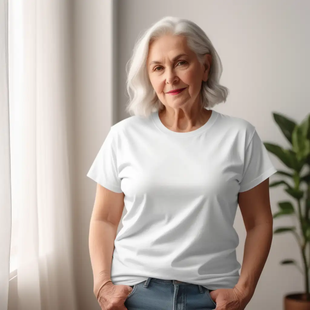 PLAIN blank  white T-SHIRT, bella 3000 mock-up photo, older lgbtq woman,t-shirt frontage for showcasing designs on. good lighting and styling.well-lit indoor room settings that are minimally furnished in the background

