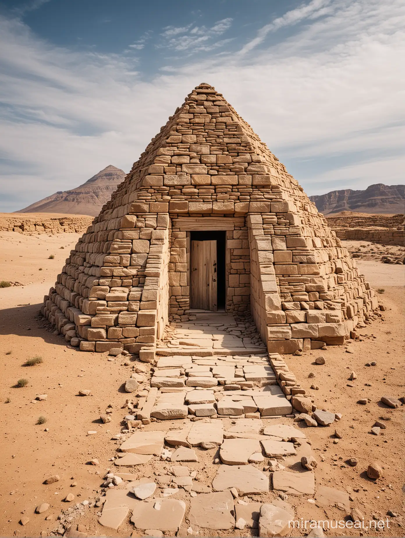 Stone pyramid with a stone entrance in the desert