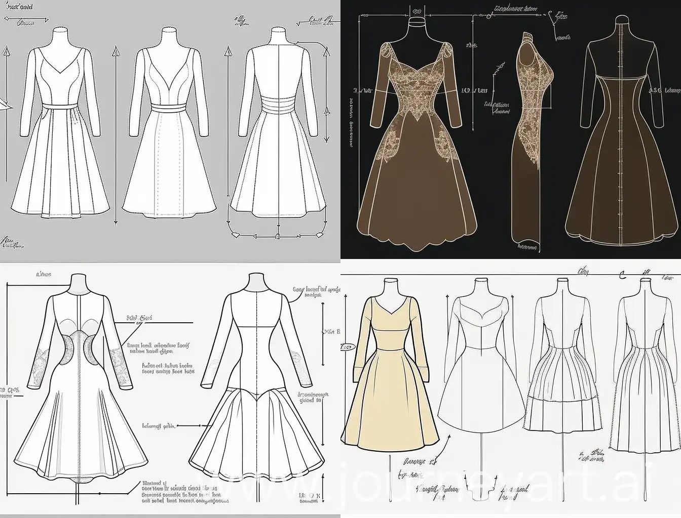 Generate 10 variations of a dress on a dress form. The dress should have a scooped neckline with lace details, long sleeves, and a natural waistline.
Here are some additional details that can be varied:

 appliqued
Sleeve style:  bishop
Skirt silhouette: A-line,