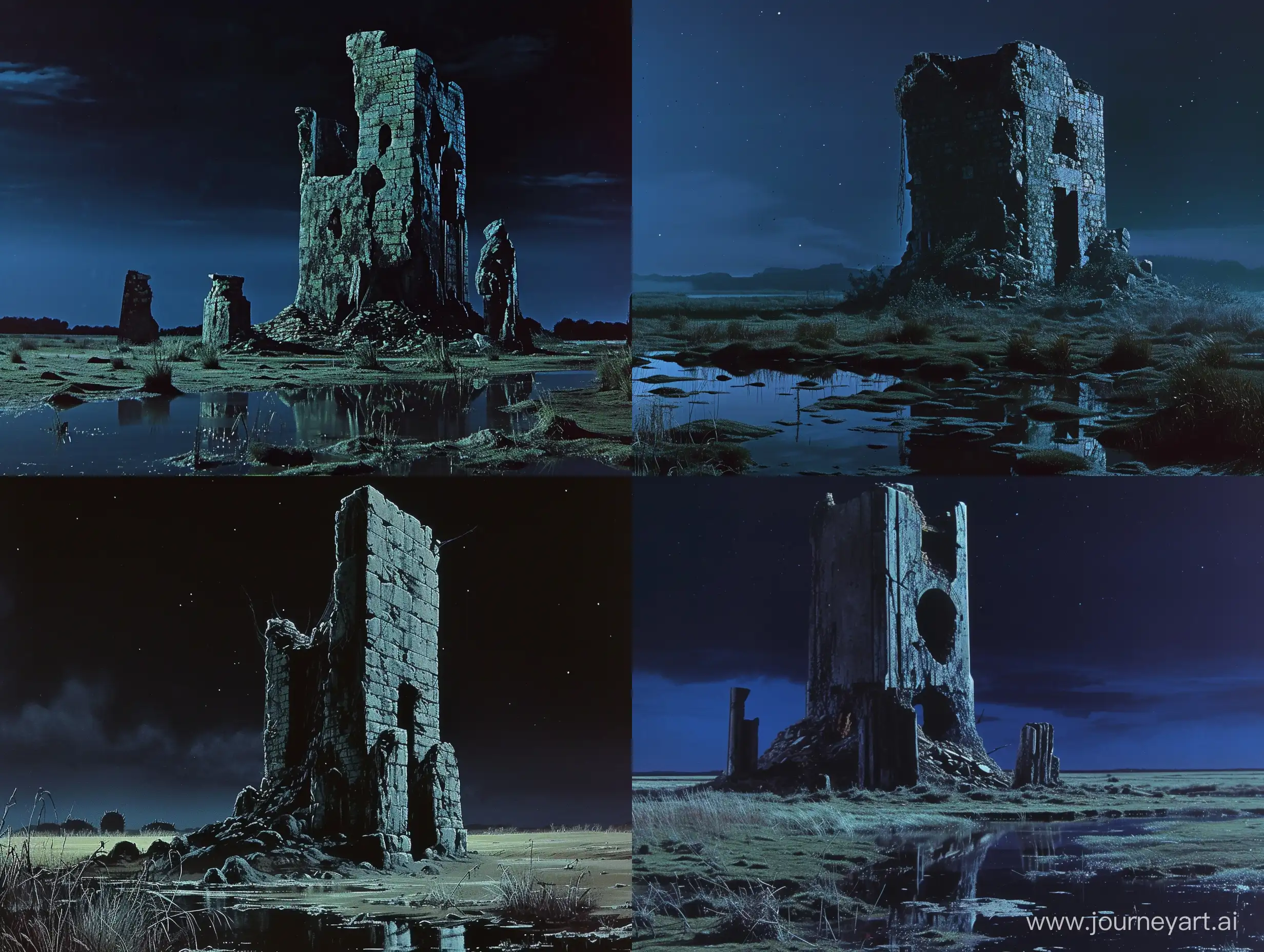 dvd screenengrabs character/arx fatalis a crumbling ancient stone work tower emerging from a swampy marshland at night dark fantasy 1980 style