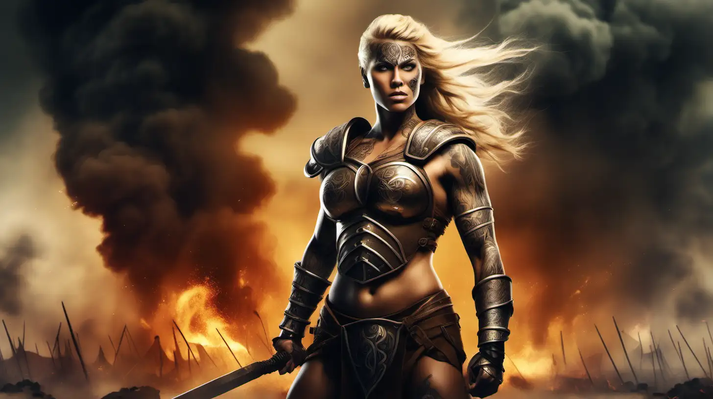 big tattooed female amazon warrior with huge muscles and blonde hair in a single braid wearing sleeveless brown armor standing on a battlefield surrounded by smoke under a cloudy sky with flames burning in the background