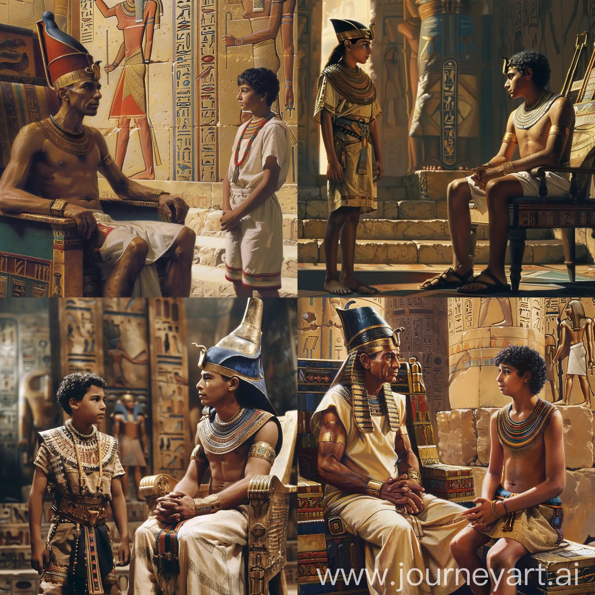 Ancient Egypt, the ancient Egyptian pharaoh sits in the throne room and looks at the 15-year-old ancient Egyptian boy standing before him. --v 6 --ar 1:1 --no 26059