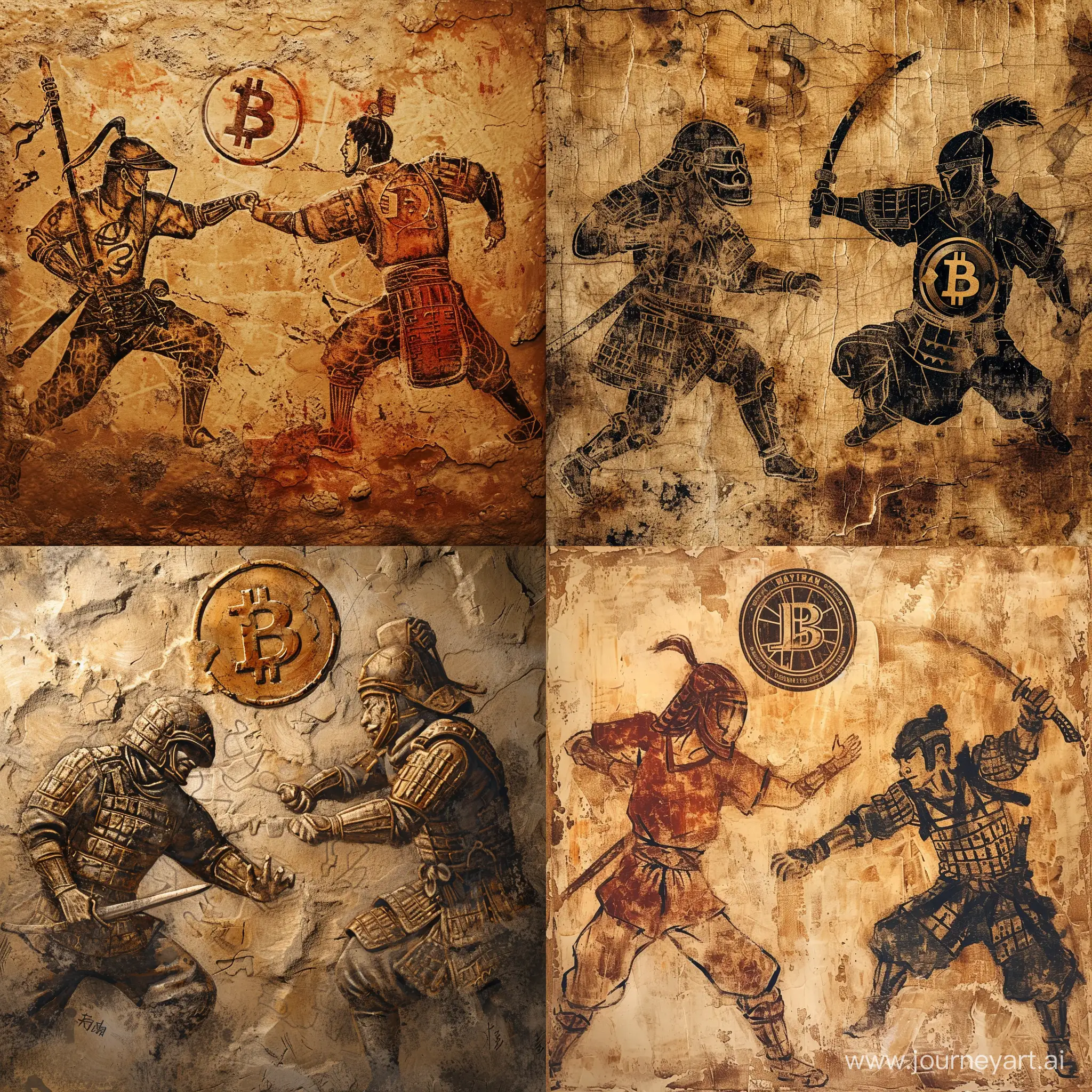 Faded art, painting. Prehistoric cave art of a strong and lean medieval Chinese soldier with visor helmet and embossed with the aleph (ℵ) symbol battling a medieval lean and strong Japanese warrior embossed with the Bitcoin logo.