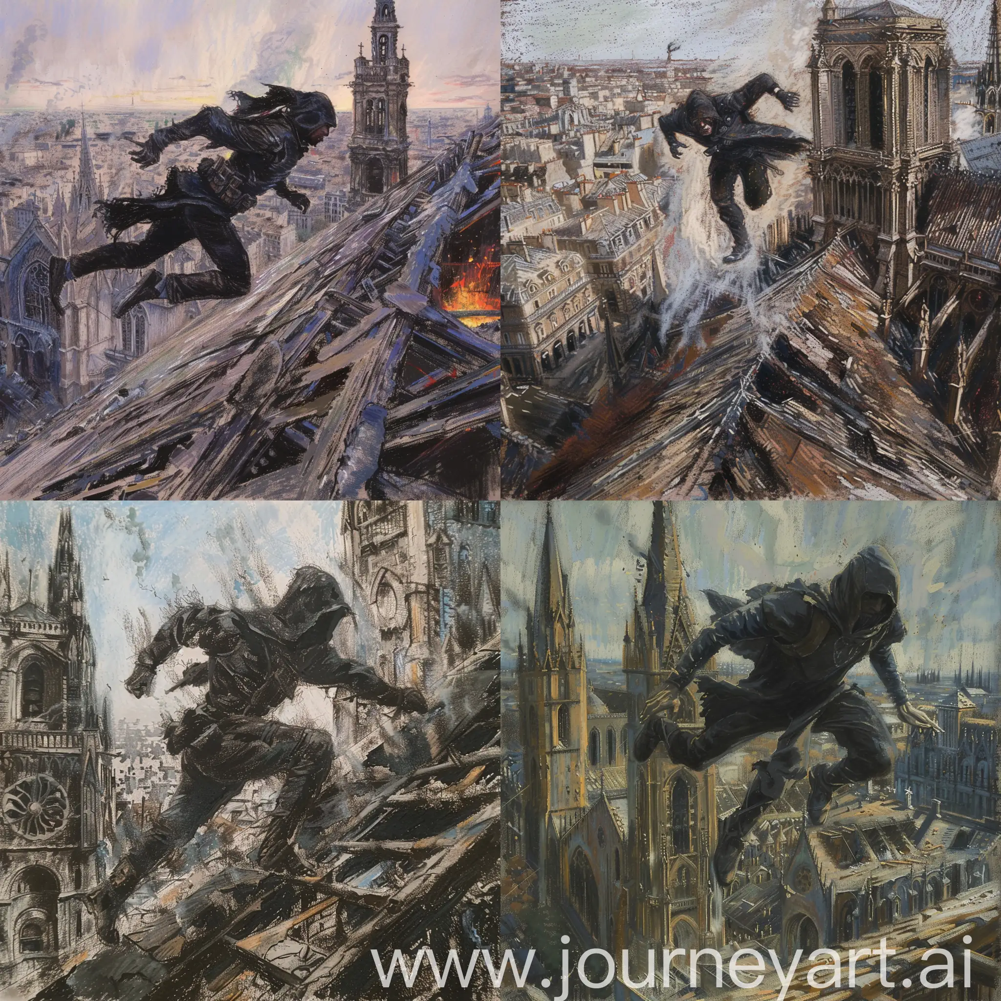 pastel painting of eversor assassin sprinting on the roof of ruined cathedral in a city where the war is raging