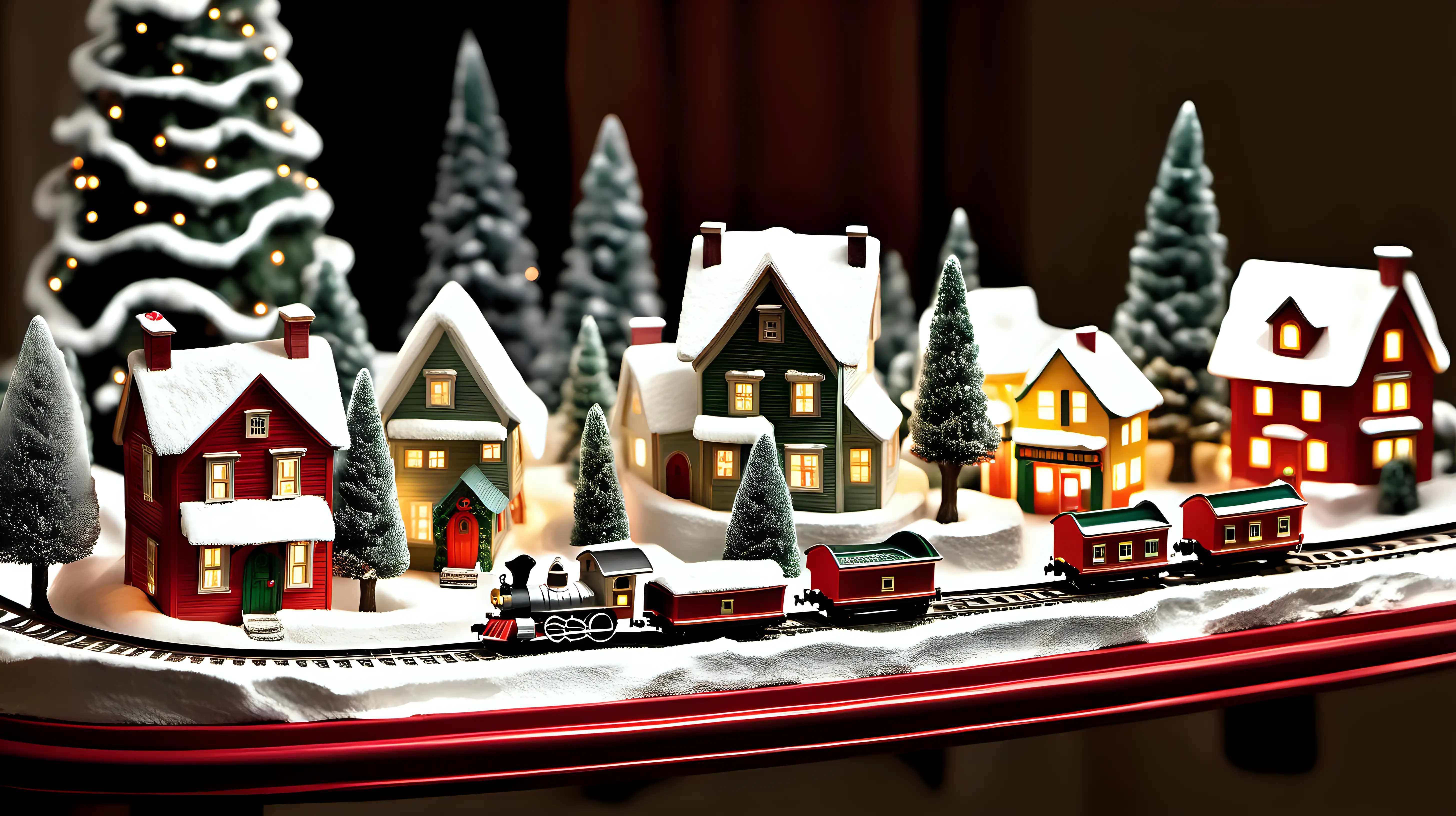 "Capture the whimsy of a miniature village nestled beneath the Christmas tree, complete with tiny houses, sparkling lights, and a miniature train circling the base."