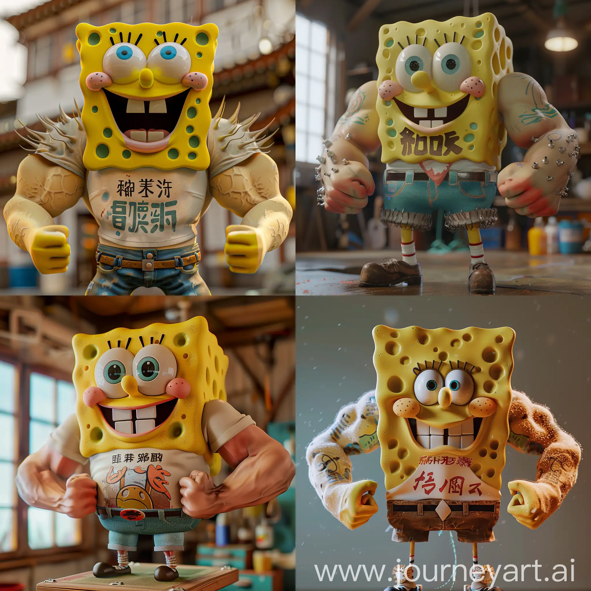 Realistic Sponge Bob have big muscles and tshort with text "СВО" Super realistic Unreal engine 5 hyper detailed