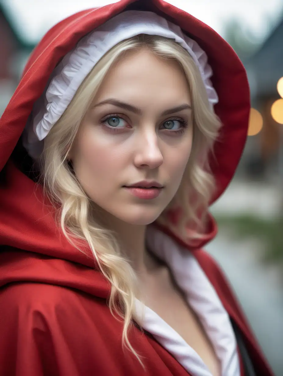 Attractive Nordic Woman in Red Cloak and Bonnet