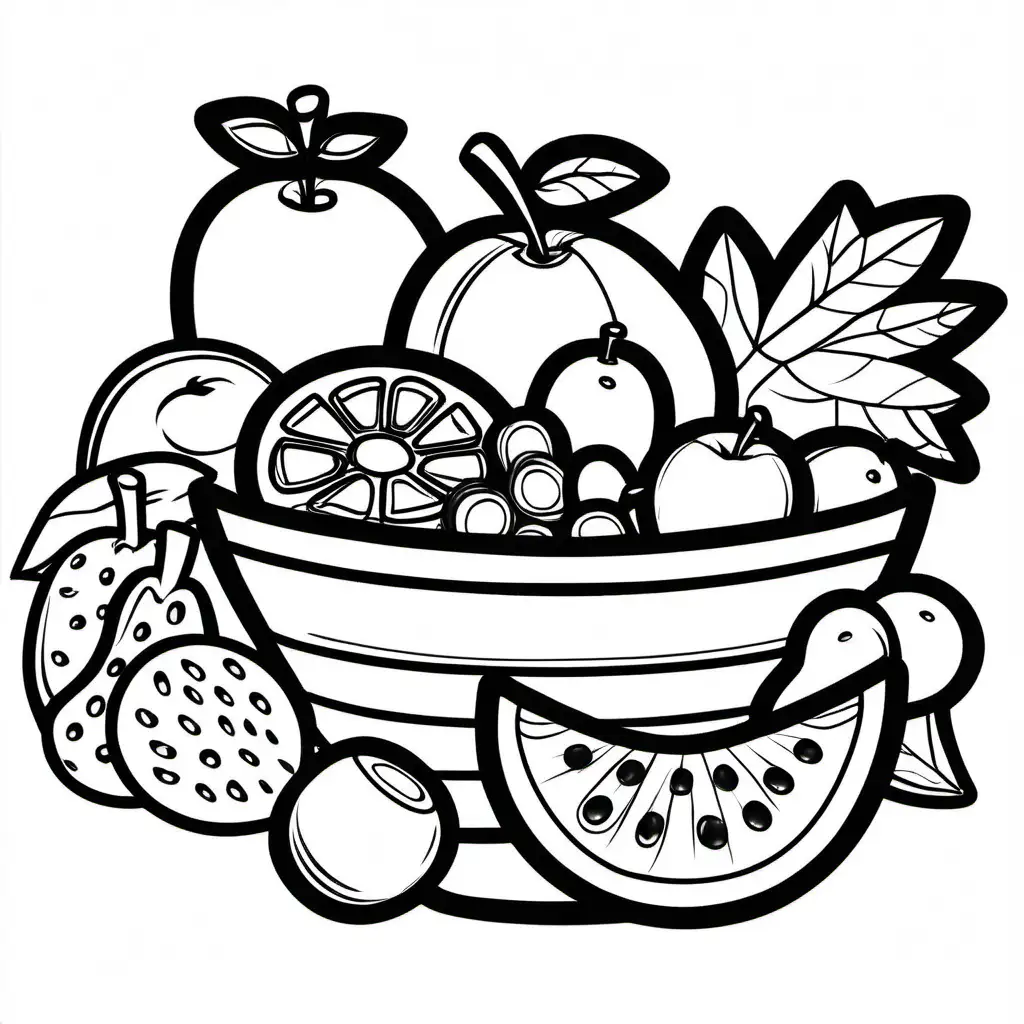 Fruit salad bold ligne and easy, Coloring Page, black and white, line art, white background, Simplicity, Ample White Space. The background of the coloring page is plain white to make it easy for young children to color within the lines. The outlines of all the subjects are easy to distinguish, making it simple for kids to color without too much difficulty