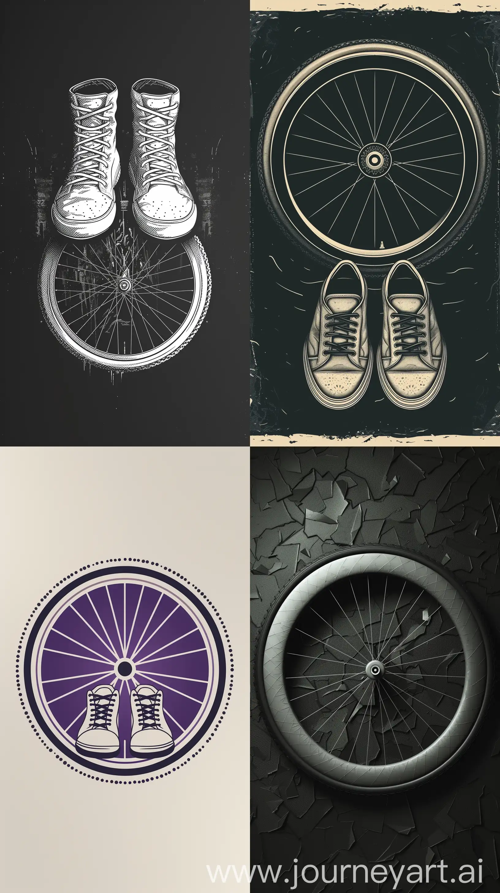 A logo design with . Bike Wheel with Shoes Design: A stylized bicycle wheel is combined with shoes, symbolizing the seamless integration of biking and footwear. The color scheme could be black, white, and shades of grey to represent the tire treads and shoe materials.  [Create a logo for a bike shoe product] . use this image as an example  
[https://image.pollinations.ai/prompt/Bike%20Wheel%20with%20Shoes%20Design:%20A%20stylized%20bicycle%20wheel%20is%20combined%20with%20shoes,%20symbolizing%20the%20seamless%20integration%20of%20biking%20and%20footwear.%20The%20color%20scheme%20could%20be%20black,%20white,%20and%20shades%20of%20grey%20to%20represent%20the%20tire%20treads%20and%20shoe%20materials%20Create%20a%20logo%20for%20a%20bike%20shoe%20?nofeed=true&nologo=true] --ar 9:16 --stylize 750 --v 6