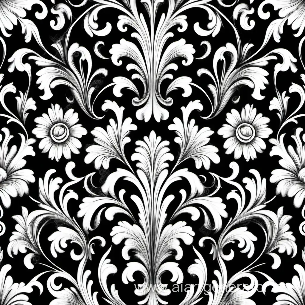 a pattern of floral, Baroque  movement, repeating pattern, white and black vector illustration 