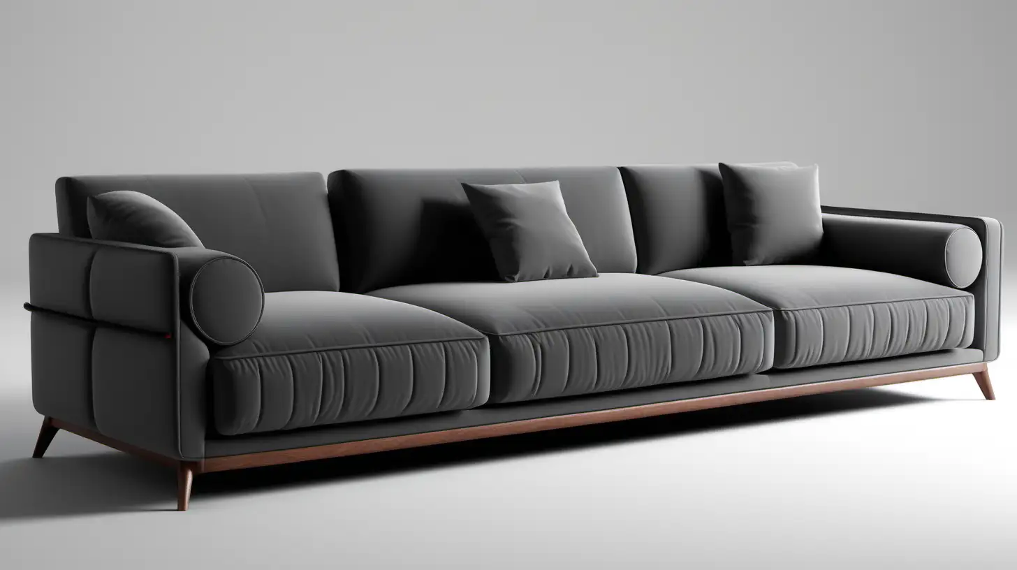 Original design, photos from different angles, three-seater sofa, straight lines, mechanical, mechanical arm, details on the arm, minimalist design, suitable for simple production, high image quality, HD, 4K, realism, small wooden details, fabric appearance, small round details, different seat designs, cloud looking sleeve design,realistic,showroom back-up,İtalian sofa, round sleeve details,p-shaped arm sofa, anthracite