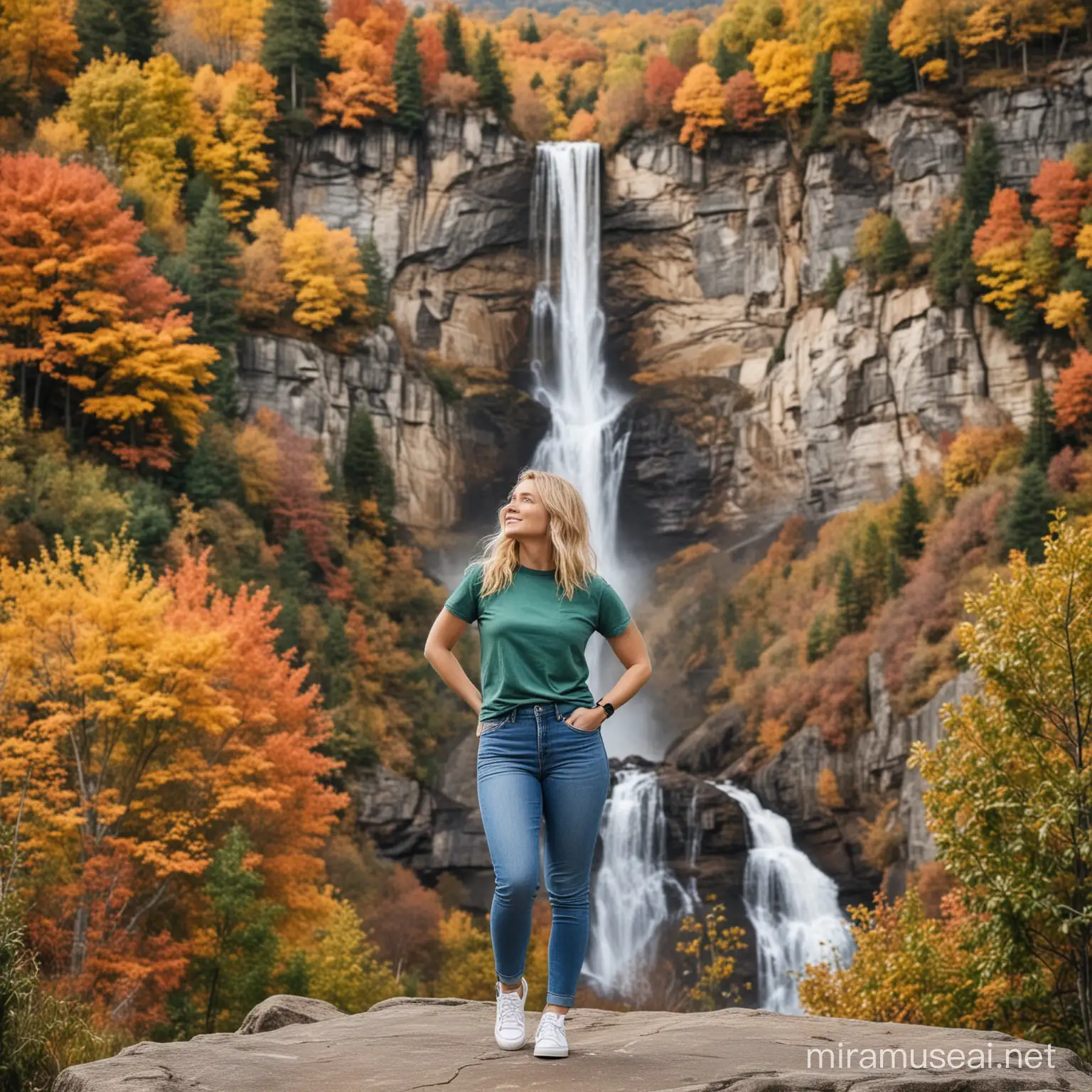A woman with shoulder-length blonde hair is wearing a green T-shirt blue jeans and tennis shoes, the woman is standing at a mountain overlook and in the background is many trees in different Autumn colors and a large waterfall