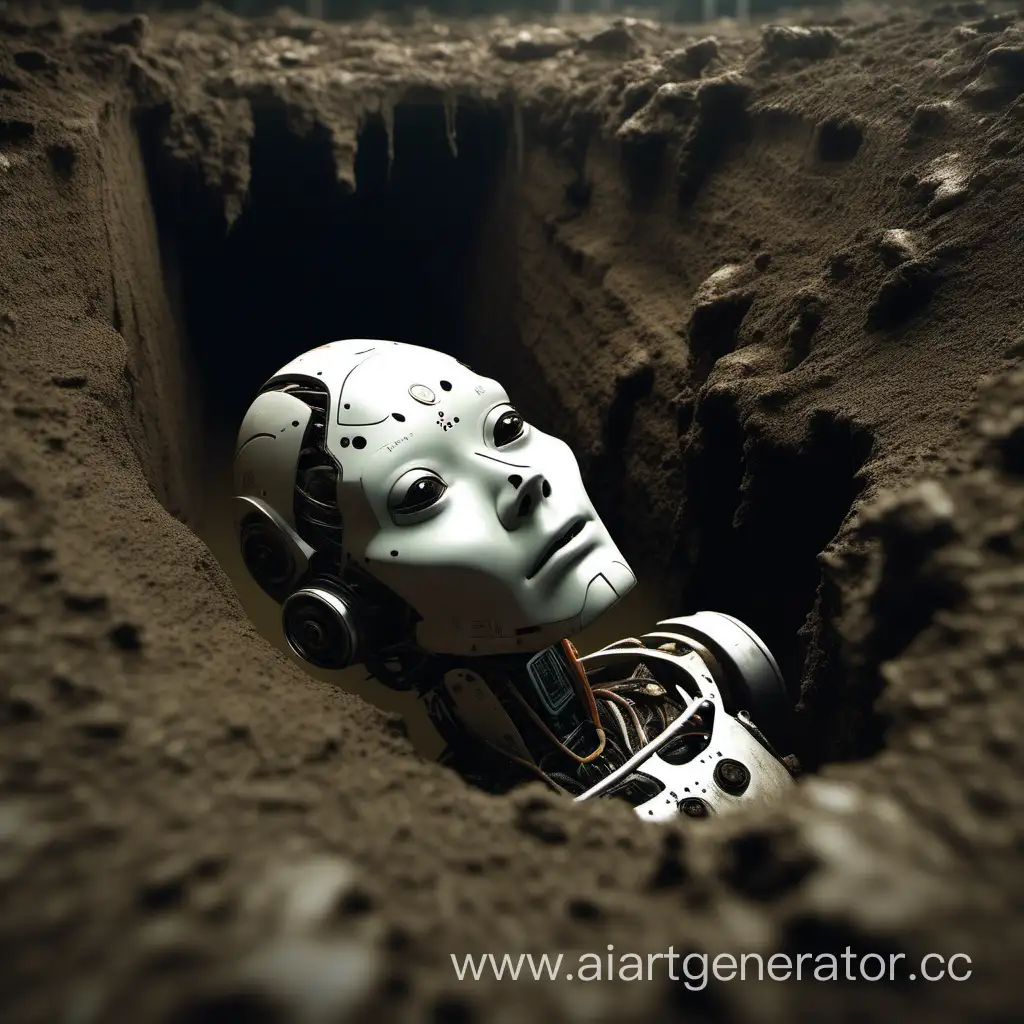 Робот похожий на человека лежит под землёй и виднеется его лицо в грязи
