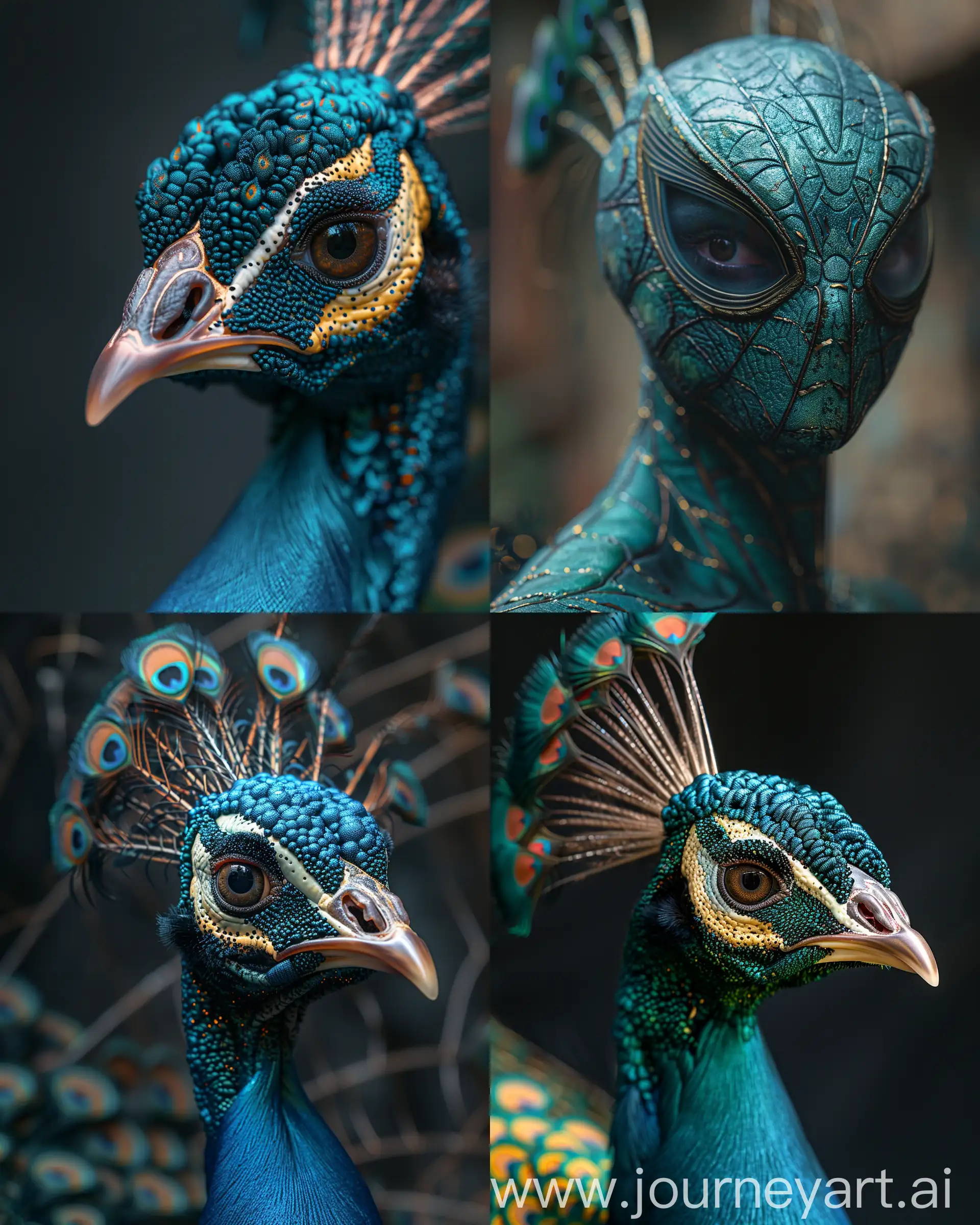 Close-up professional photographs of a hybrid spiderman peacock with transparent mask , a photo for a professional magazine, 85-mm-lens  crispy details, high bright key lighting 32k UHD HDR 8k UHD HDR --ar 4:5 --stylize 1000 --v 6.0