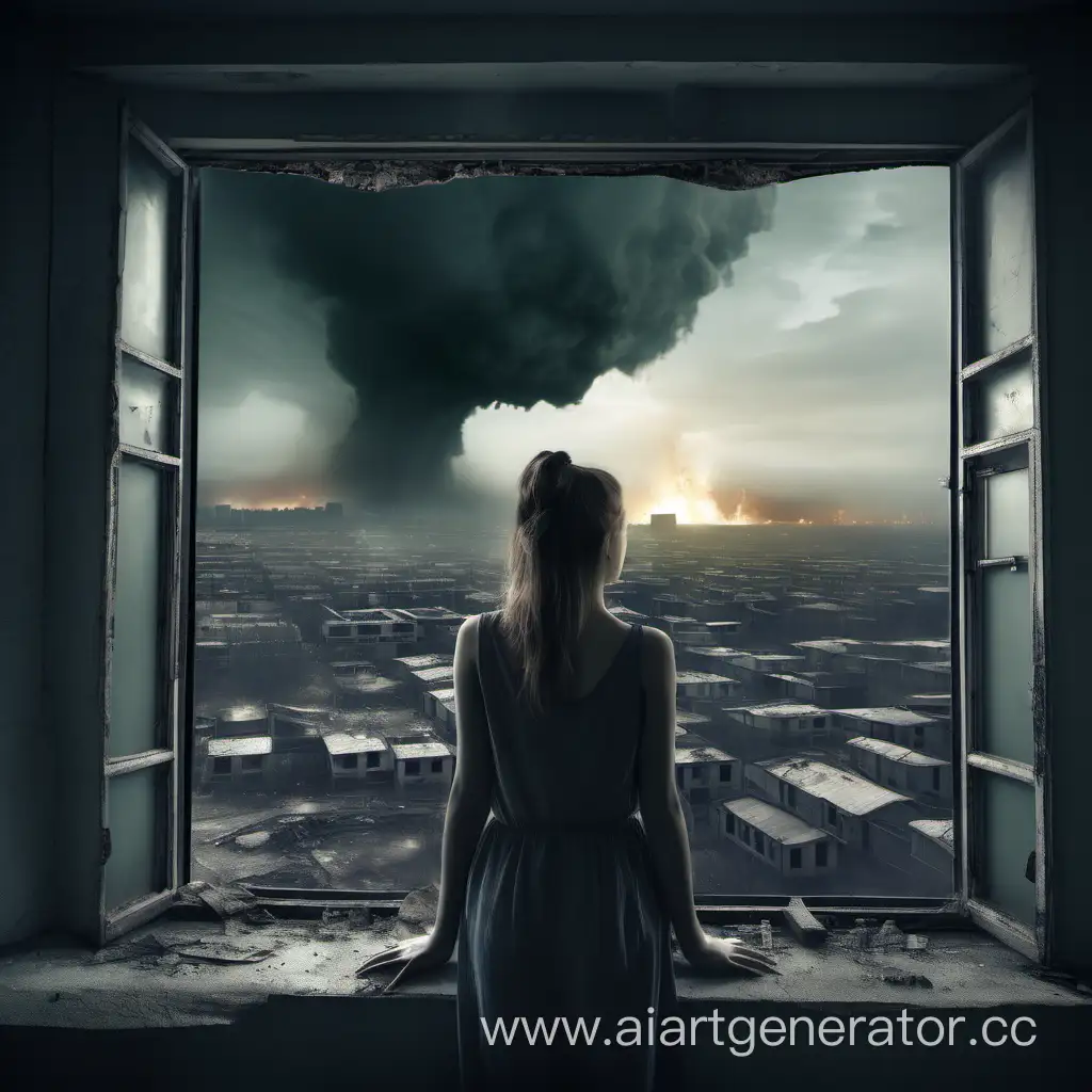 девушка смотрит в окно на апокалипсис вид со спины 