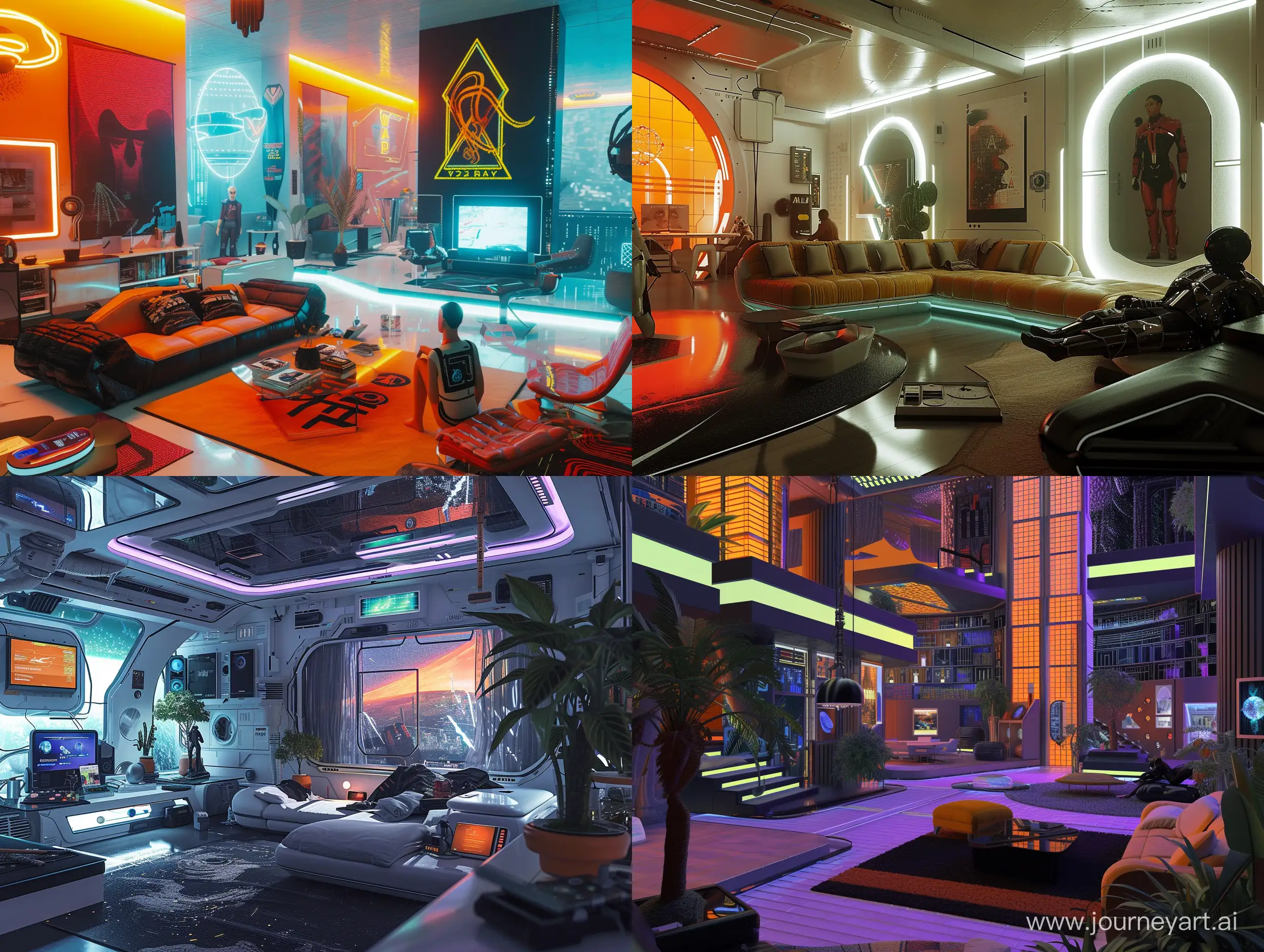 A modern living room with a futuristic Y2K aesthetic and various themes, showcasing unique architecture and an atmospheric cybercore vibe. It is a relaxing place where a person is roaming around.

