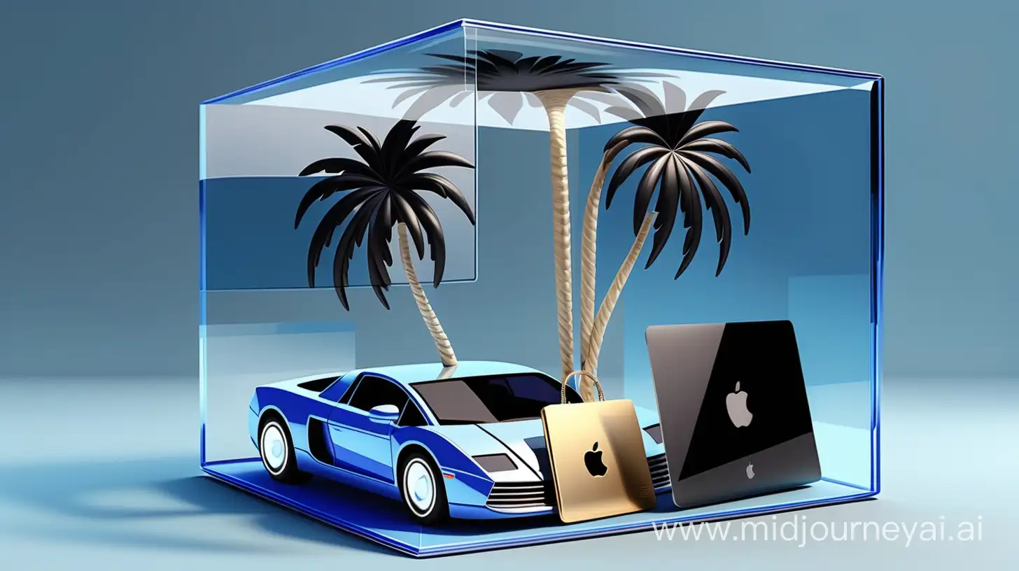 transparant blue square with inside luxery items like a palm tree, expensive cars, jewellery, expensive bag and a macbook. The items need to be inside the transparant square. The square is transparant and needs to have a slight dark blue color. The background needs to be dark black or dark blue. Everything needs to fit inside the square and not get outside the image